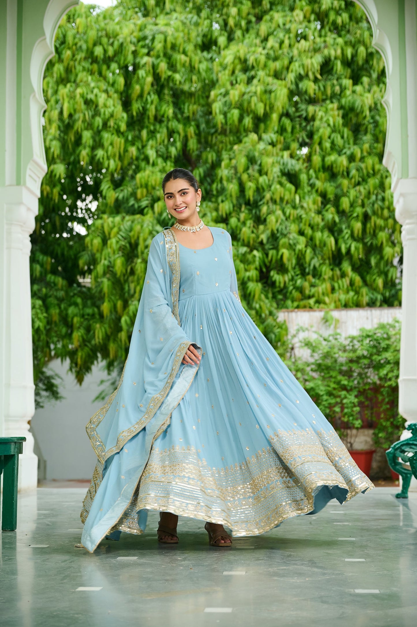 Lorenvalley Fashion Skyblue Faux Georgette with Embroidered work Anarkali Gown with Dupatta - Swadesiicart