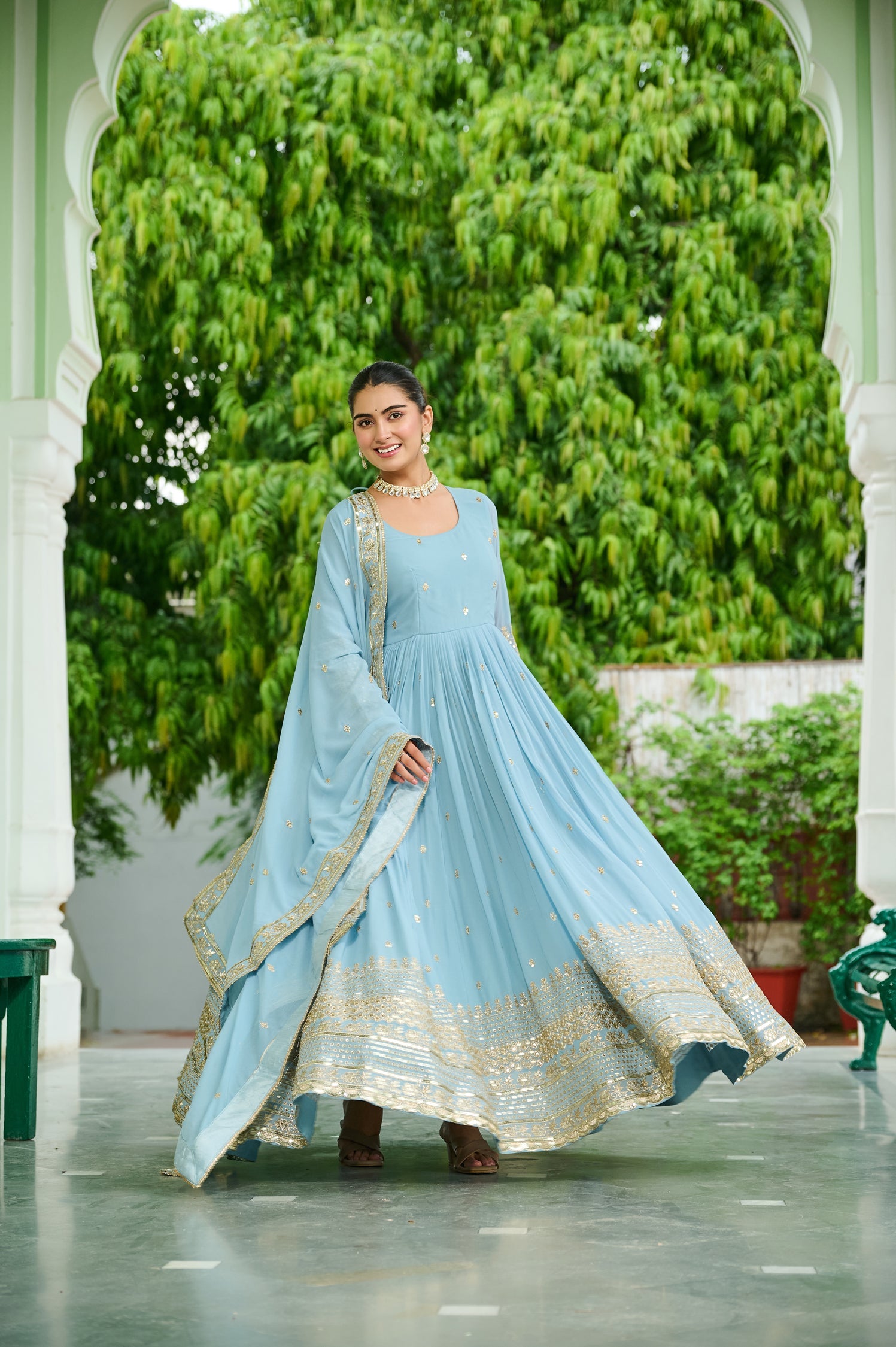 Lorenvalley Fashion Skyblue Faux Georgette with Embroidered work Anarkali Gown with Dupatta - Swadesiicart