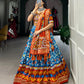 Lorenvalley Skyblue Tussar Silk Patola Print With Foil Work And Original Mirror Gamthi Lace Lehenga Choli with Dupatta | Swadesiicart