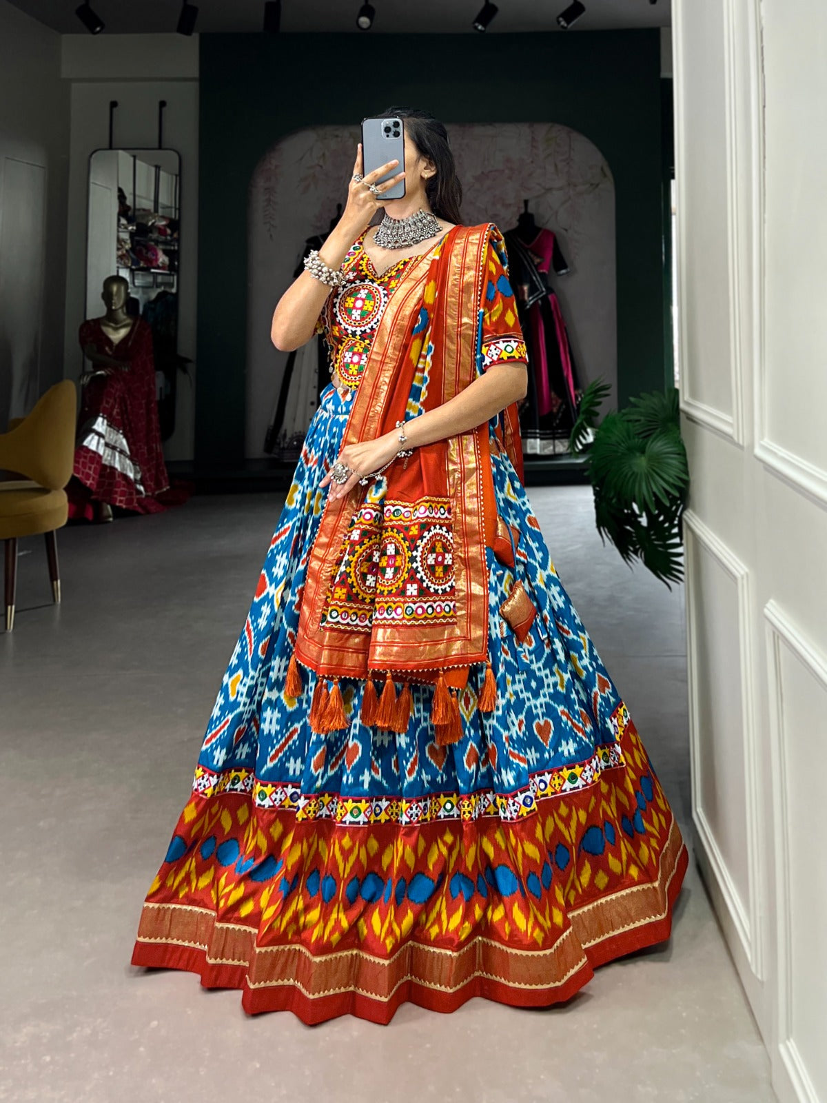 Lorenvalley Skyblue Tussar Silk Patola Print With Foil Work And Original Mirror Gamthi Lace Lehenga Choli with Dupatta | Swadesiicart