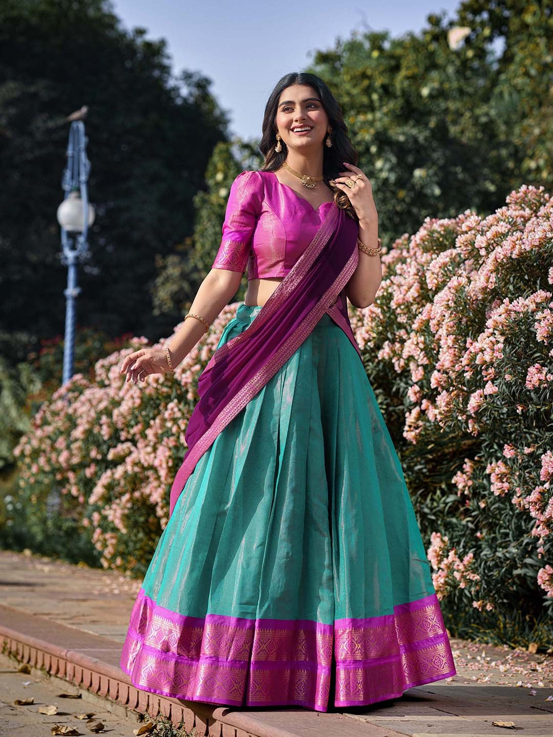 Lorenvalley Skyblue Kanchipuram Zari Weaving Work Lehenga Choli with Dupatta | Swadesiicart