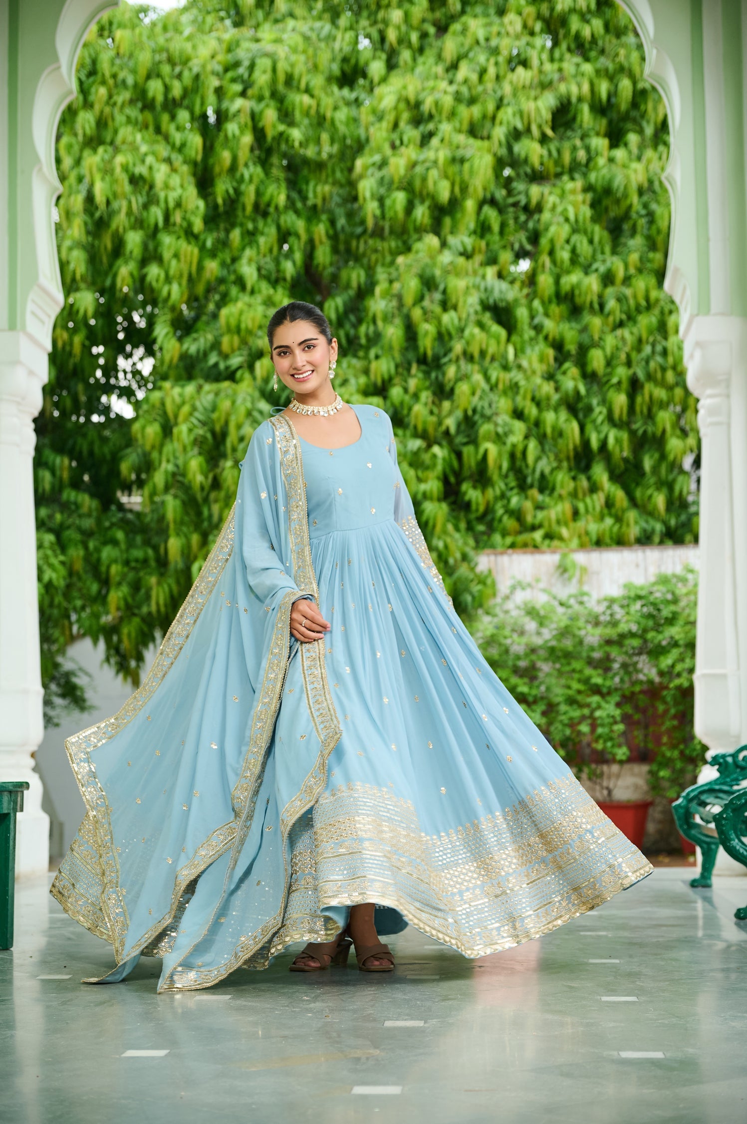 Lorenvalley Fashion Skyblue Faux Georgette with Embroidered work Anarkali Gown with Dupatta - Swadesiicart
