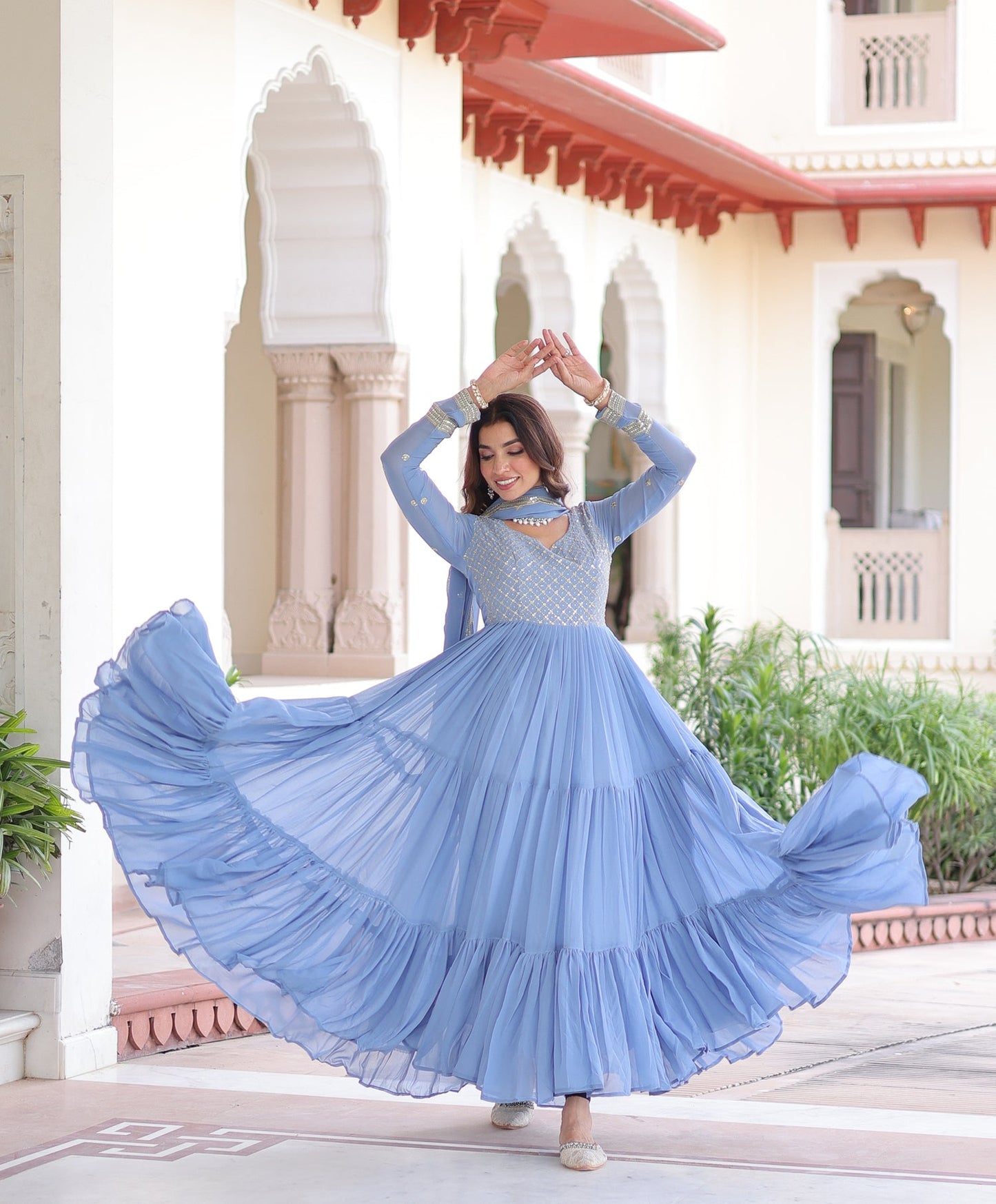 Lorenvalley Fashion Skyblue Faux Georgette with Zari & Sequins Embroidered Work Anarkali Gown with Dupatta - Swadesiicart