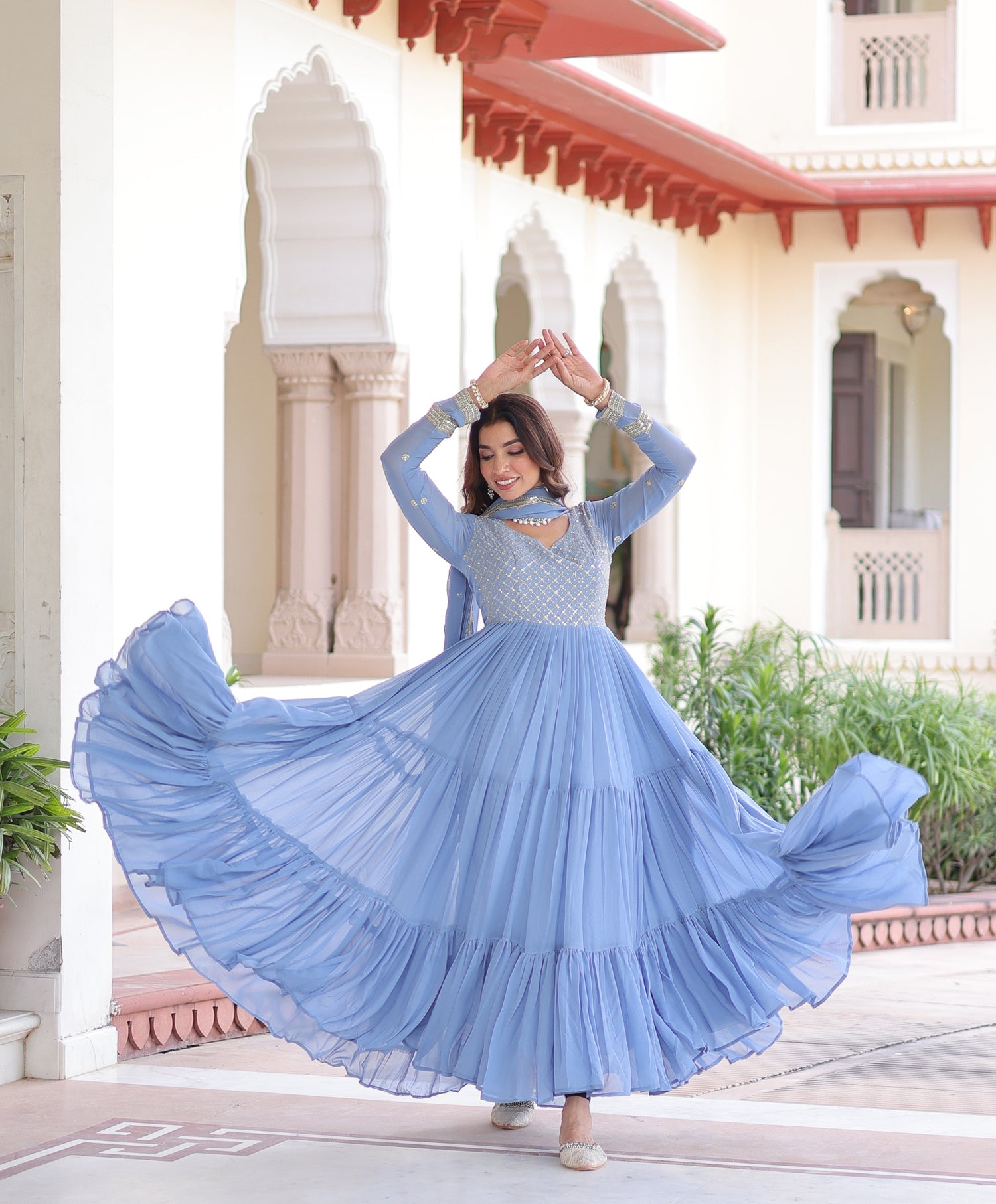 Lorenvalley Fashion Skyblue Faux Georgette with Zari & Sequins Embroidered Work Anarkali Gown with Dupatta - Swadesiicart