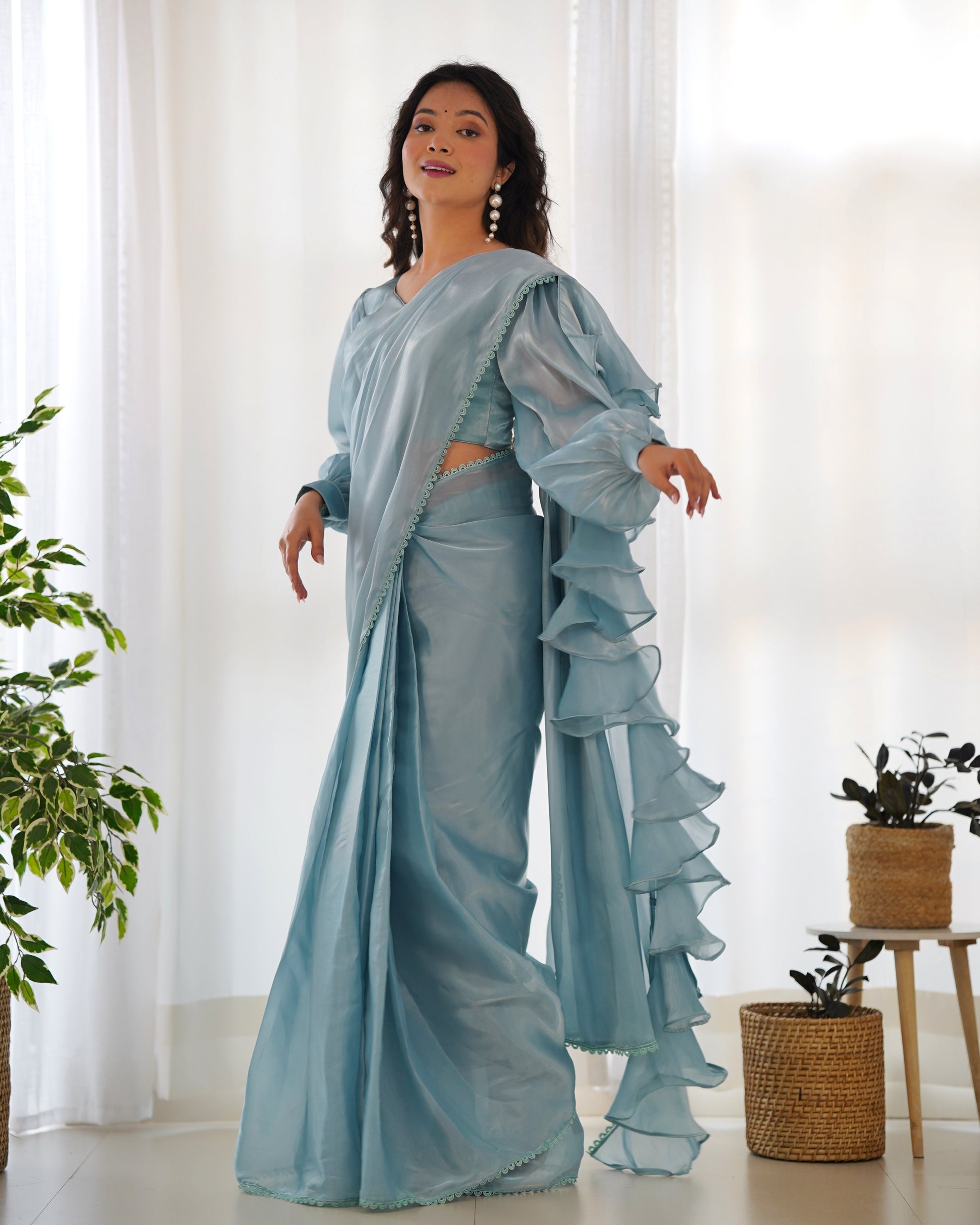 Lorenvalley Ready to wear Jimmy Choo Organza Fabric Border Lace Work Predrapped Saree - Swadesiicart
