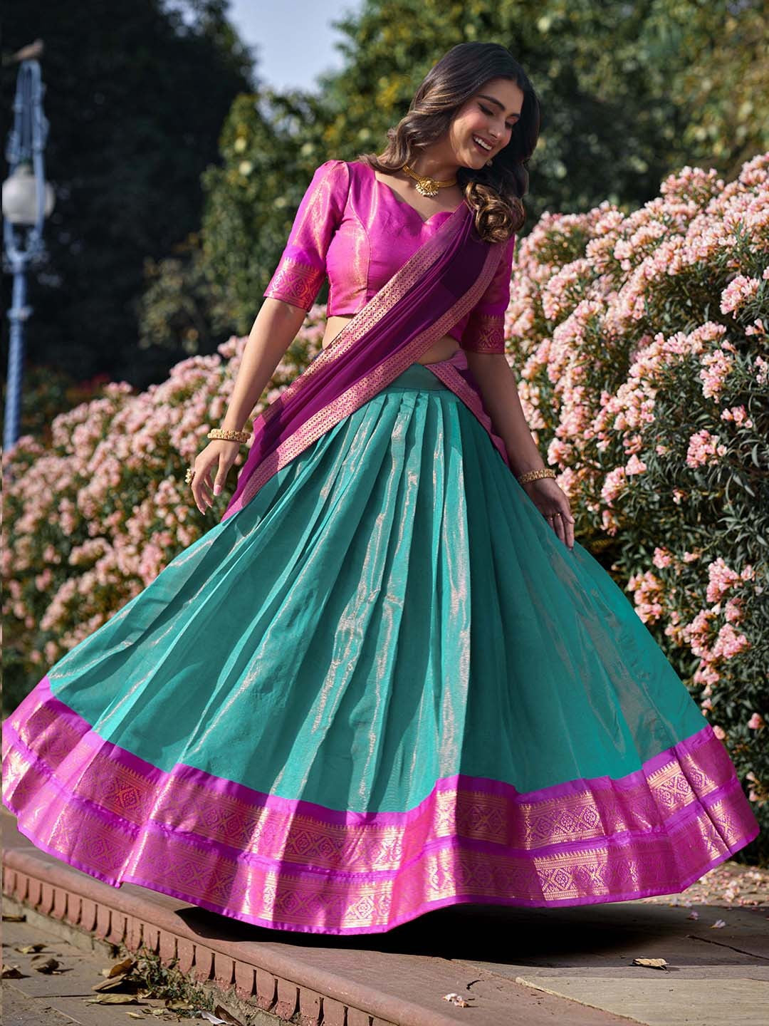 Lorenvalley Skyblue Kanchipuram Zari Weaving Work Lehenga Choli with Dupatta | Swadesiicart