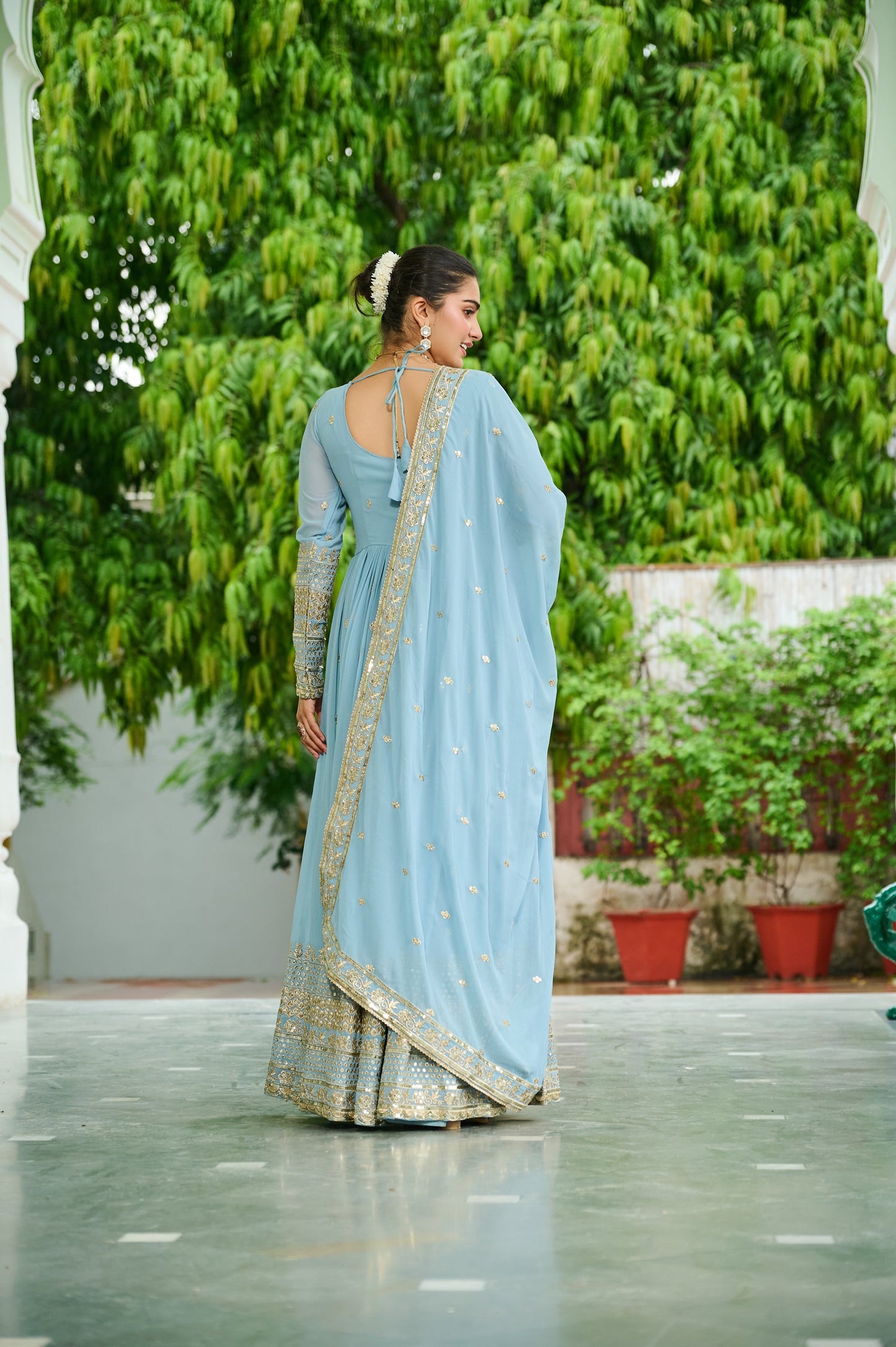 Lorenvalley Fashion Skyblue Faux Georgette with Embroidered work Anarkali Gown with Dupatta - Swadesiicart