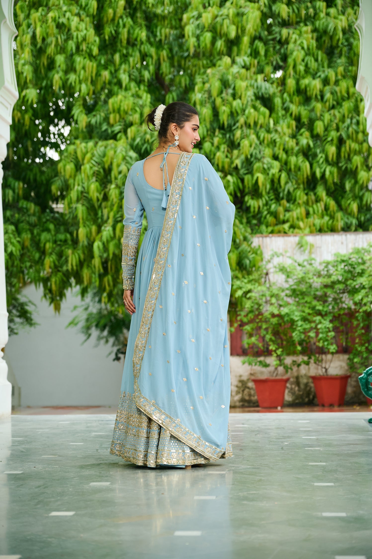 Lorenvalley Fashion Skyblue Faux Georgette with Embroidered work Anarkali Gown with Dupatta - Swadesiicart