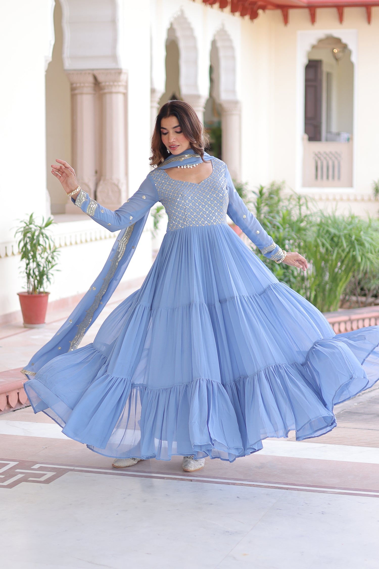 Lorenvalley Fashion Skyblue Faux Georgette with Zari & Sequins Embroidered Work Anarkali Gown with Dupatta - Swadesiicart