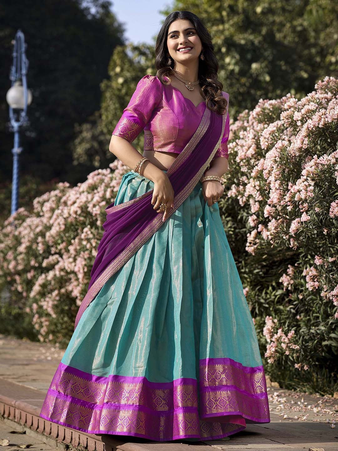 Lorenvalley Skyblue Kanchipuram Zari Weaving Work Lehenga Choli with Dupatta | Swadesiicart