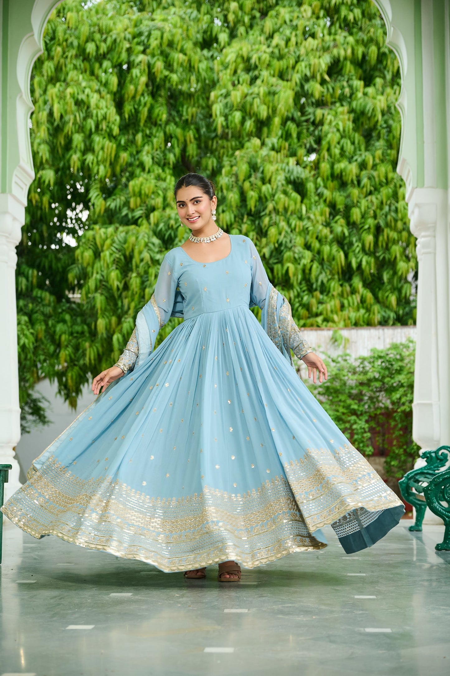 Lorenvalley Fashion Skyblue Faux Georgette with Embroidered work Anarkali Gown with Dupatta - Swadesiicart