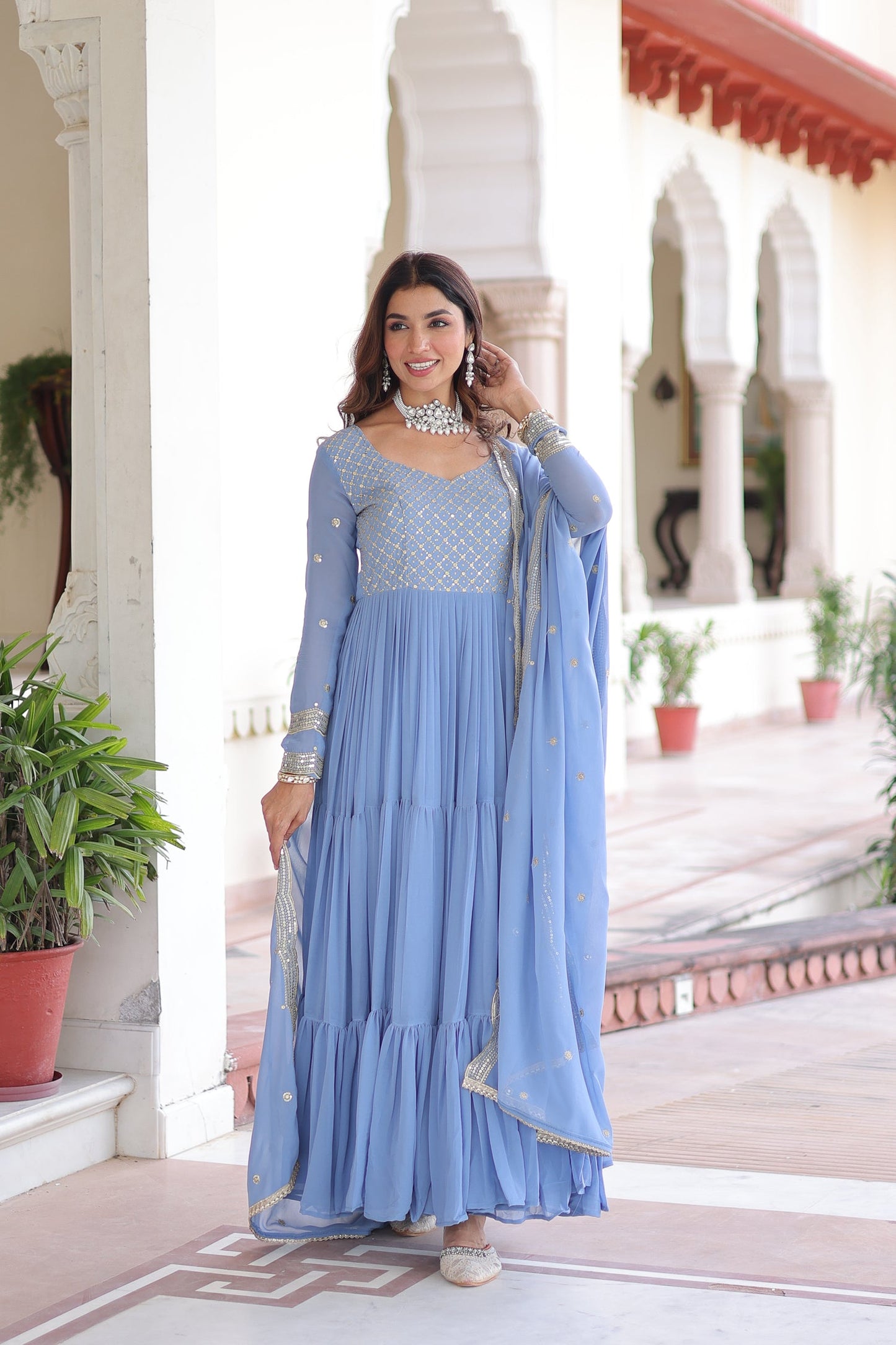 Lorenvalley Fashion Skyblue Faux Georgette with Zari & Sequins Embroidered Work Anarkali Gown with Dupatta - Swadesiicart