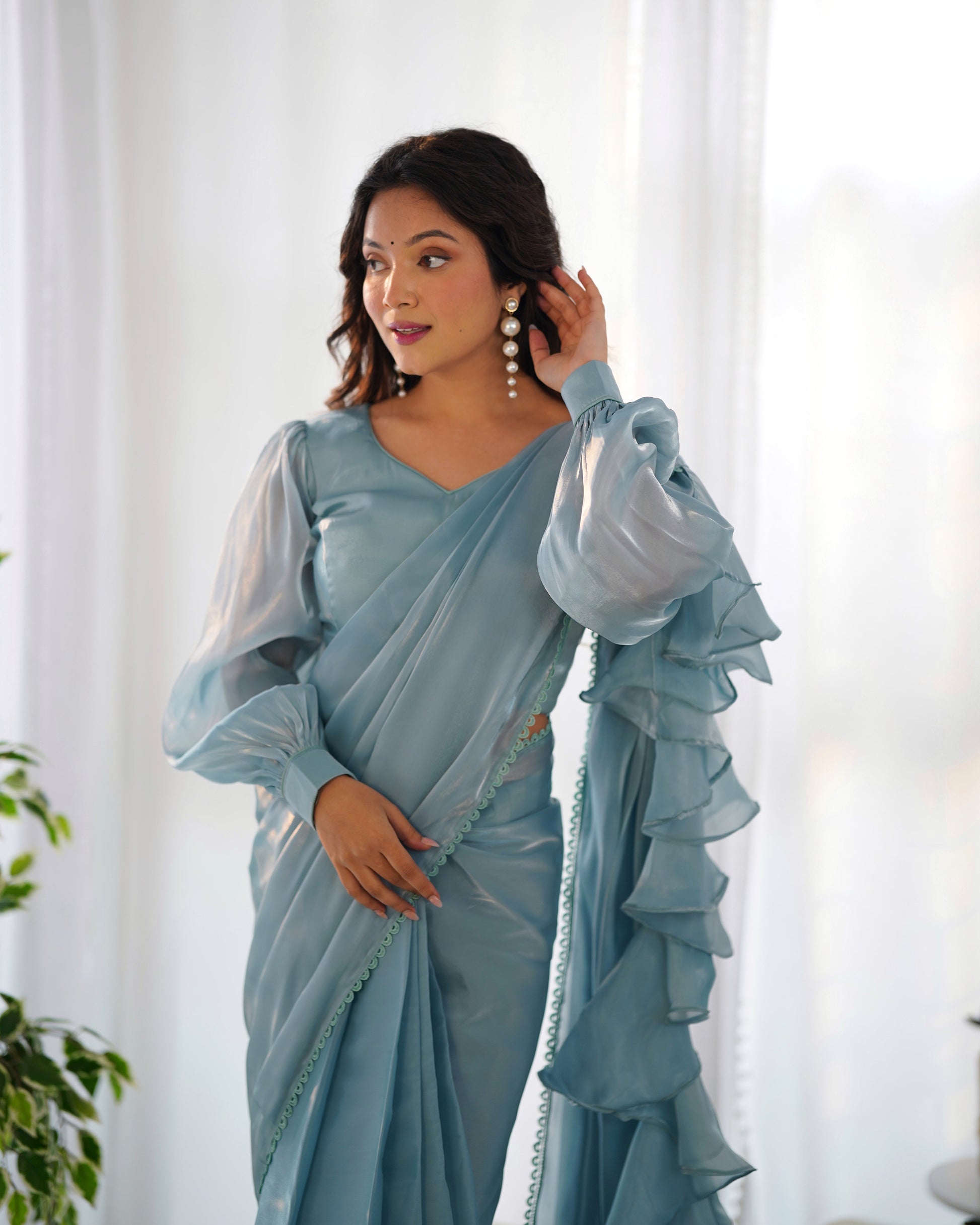 Lorenvalley Ready to wear Jimmy Choo Organza Fabric Border Lace Work Predrapped Saree - Swadesiicart