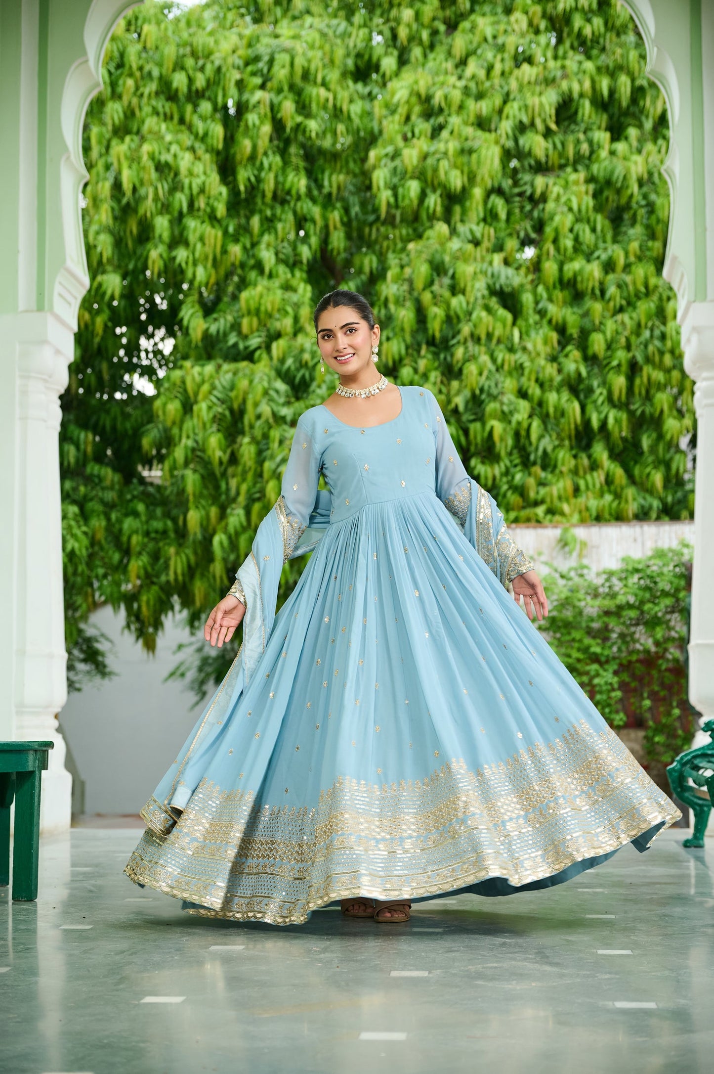 Lorenvalley Fashion Skyblue Faux Georgette with Embroidered work Anarkali Gown with Dupatta - Swadesiicart
