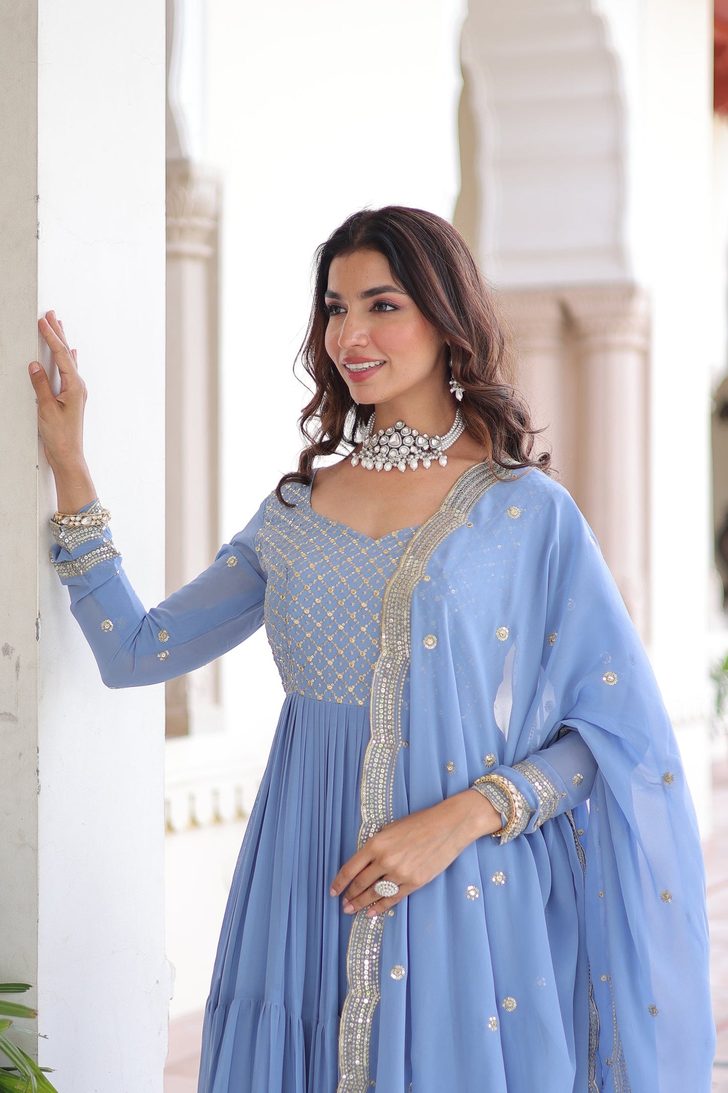Lorenvalley Fashion Skyblue Faux Georgette with Zari & Sequins Embroidered Work Anarkali Gown with Dupatta - Swadesiicart