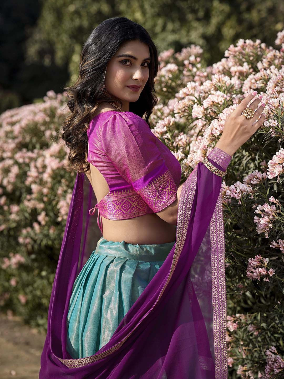 Lorenvalley Skyblue Kanchipuram Zari Weaving Work Lehenga Choli with Dupatta | Swadesiicart