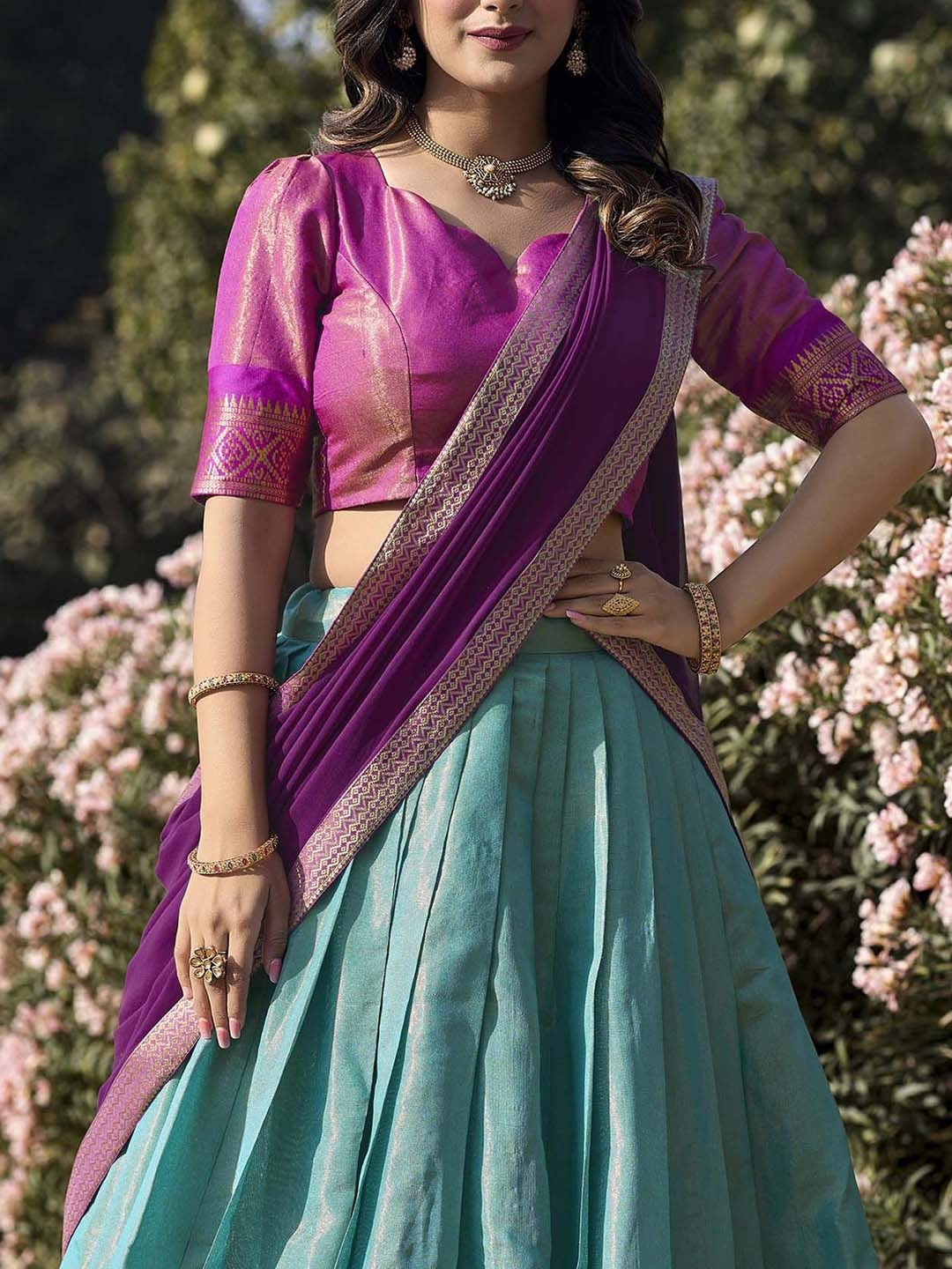 Lorenvalley Skyblue Kanchipuram Zari Weaving Work Lehenga Choli with Dupatta | Swadesiicart