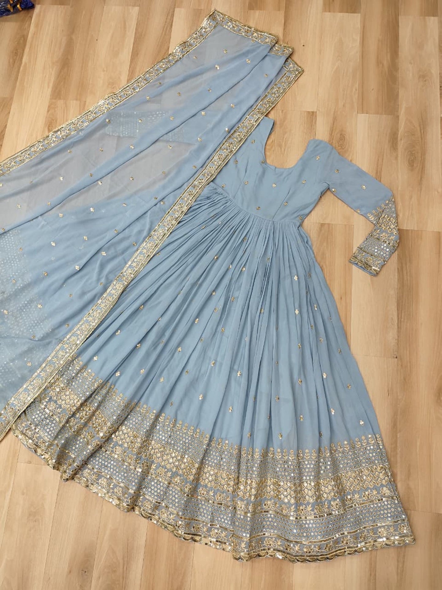 Lorenvalley Fashion Skyblue Faux Georgette with Embroidered work Anarkali Gown with Dupatta - Swadesiicart