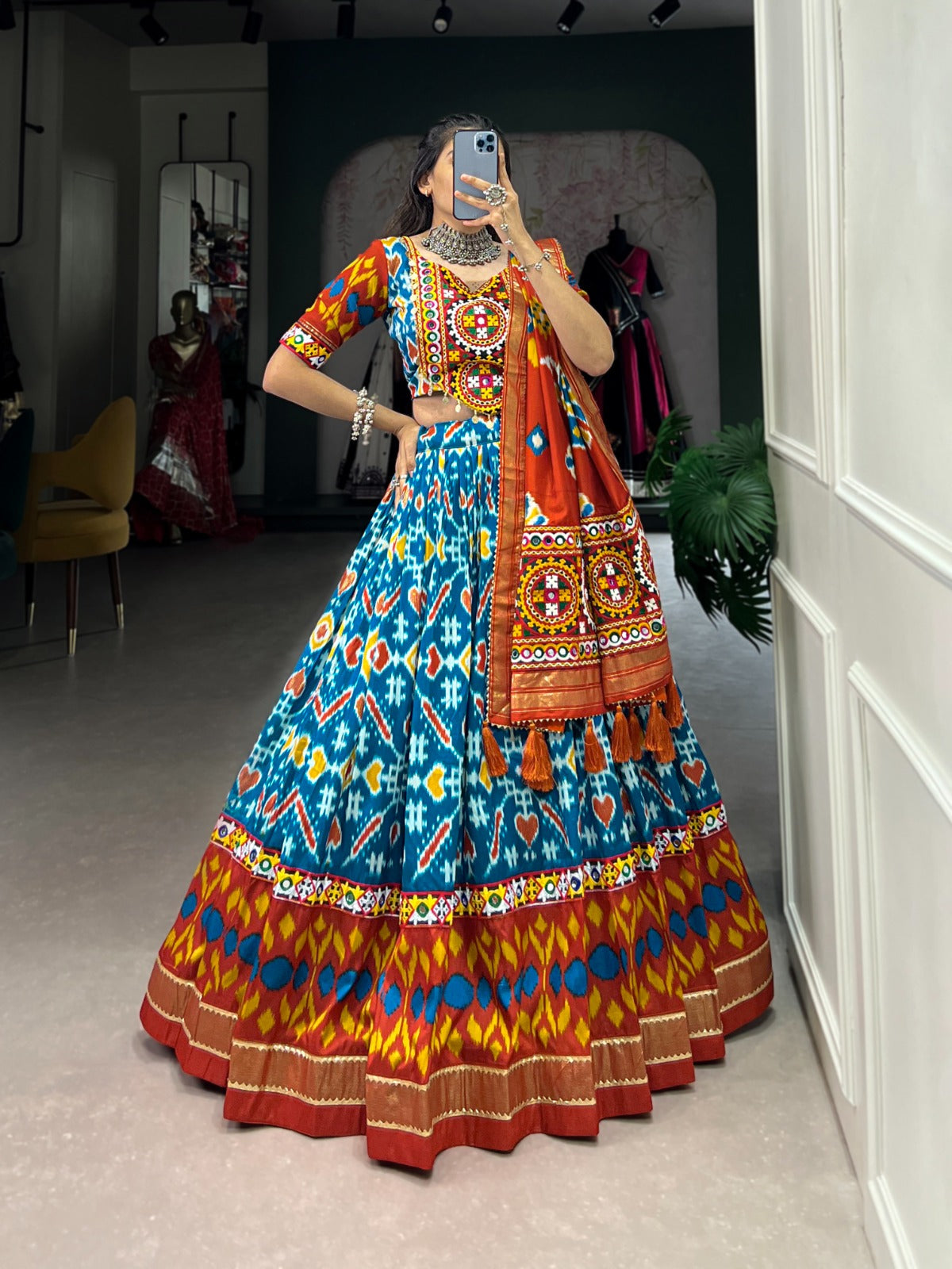 Lorenvalley Skyblue Tussar Silk Patola Print With Foil Work And Original Mirror Gamthi Lace Lehenga Choli with Dupatta | Swadesiicart
