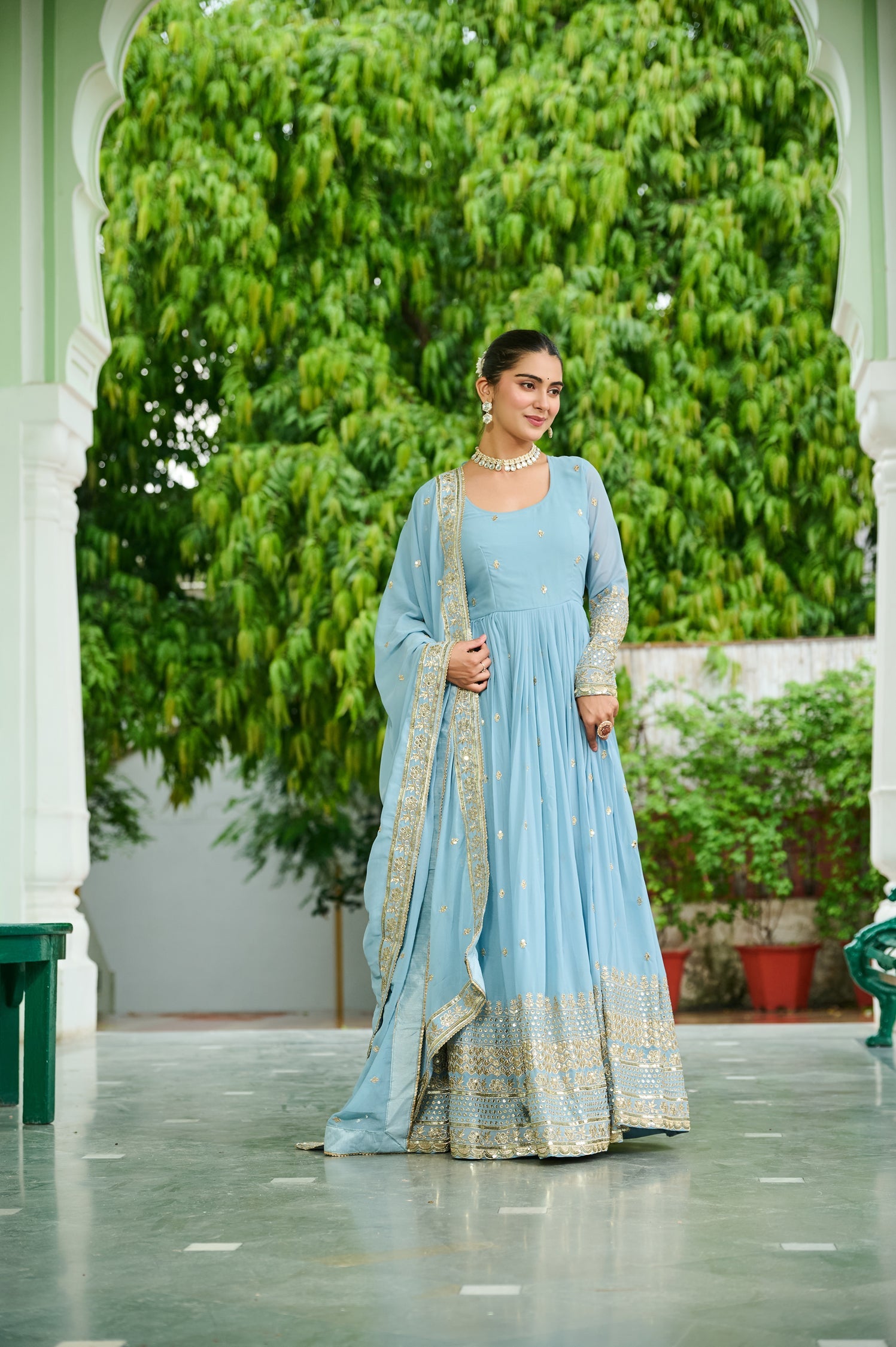 Lorenvalley Fashion Skyblue Faux Georgette with Embroidered work Anarkali Gown with Dupatta - Swadesiicart