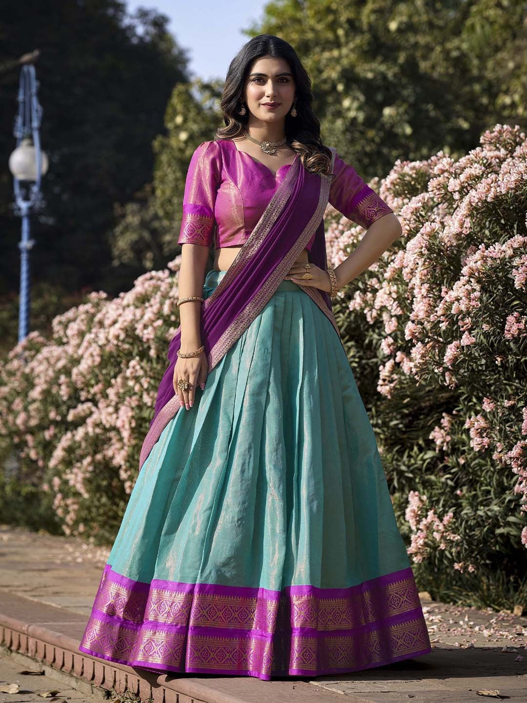 Lorenvalley Skyblue Kanchipuram Zari Weaving Work Lehenga Choli with Dupatta | Swadesiicart