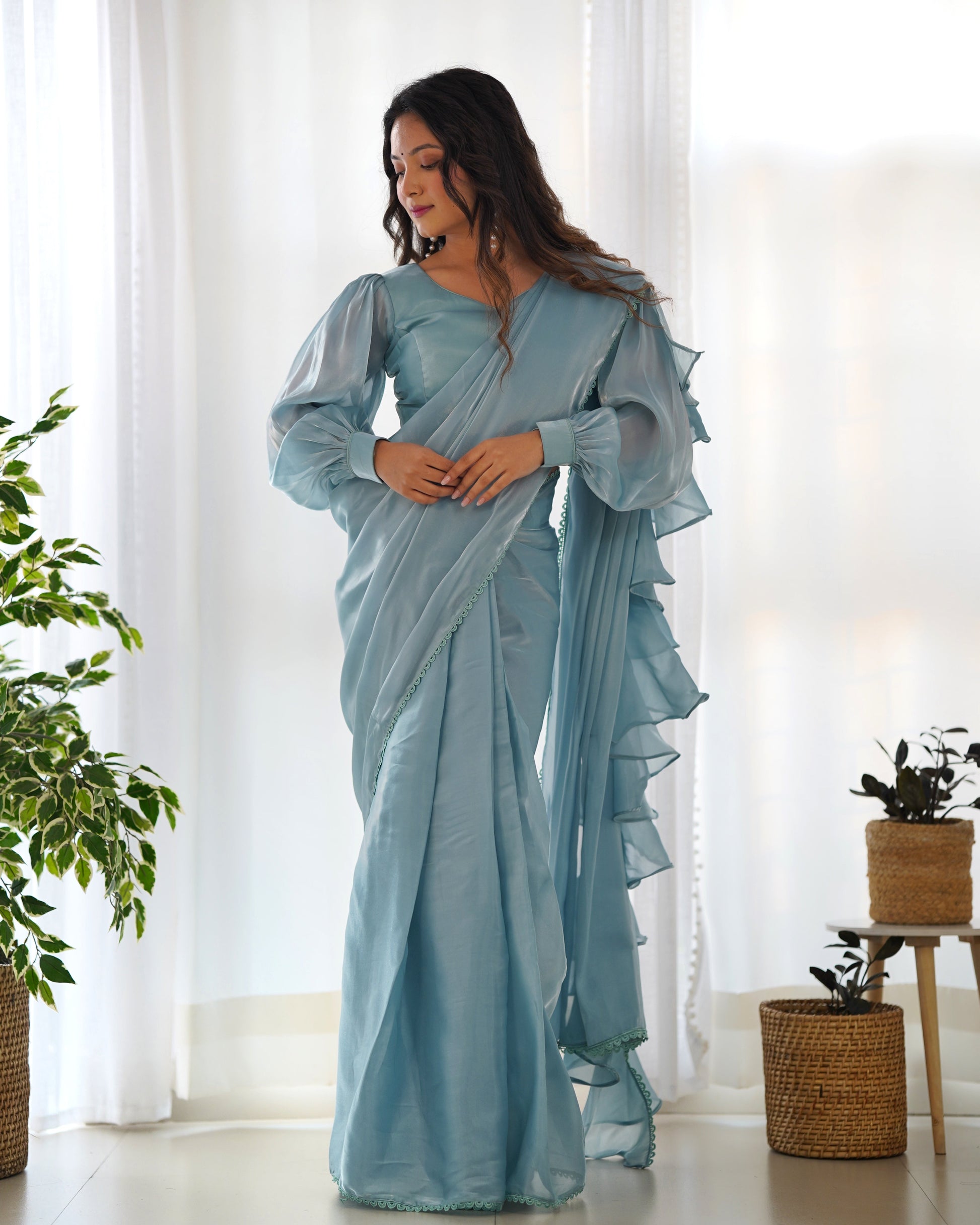 Lorenvalley Ready to wear Jimmy Choo Organza Fabric Border Lace Work Predrapped Saree - Swadesiicart