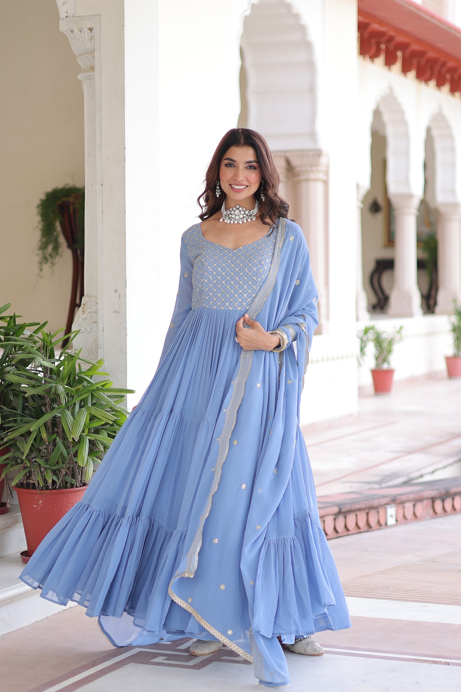 Lorenvalley Fashion Skyblue Faux Georgette with Zari & Sequins Embroidered Work Anarkali Gown with Dupatta - Swadesiicart