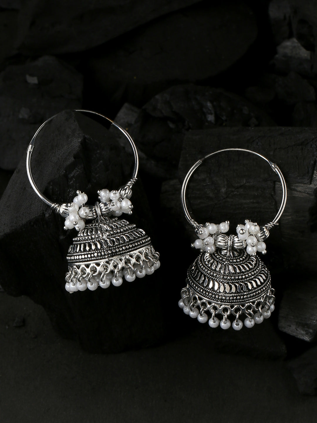 NVR Women's Silver Toned Dome Shaped Jhumkas Earrings | Swadesiicart