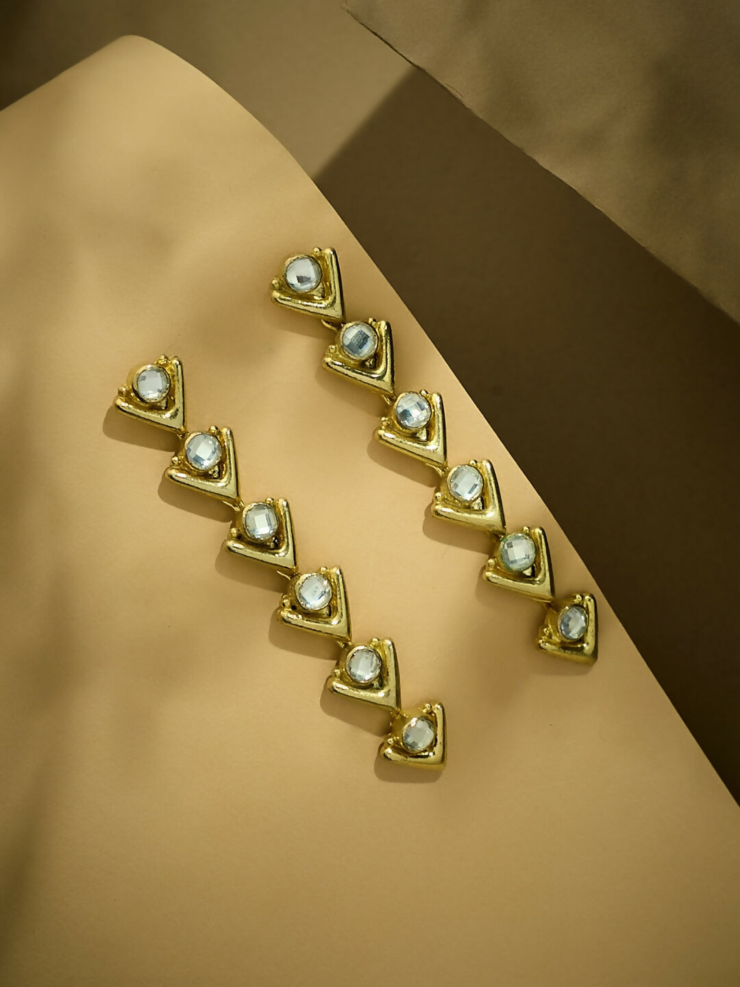 Nuyug 18K Gold-Plated Crystal Stone Studded Triangular Drop Sleek Earrings | Swadesiicart