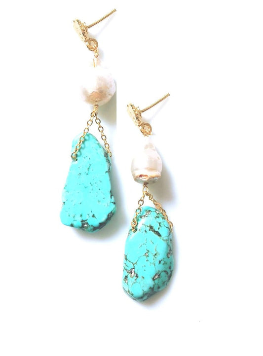 Bling Accessories Turquoise Stone With Baroque Pearl Earrings | Swadesiicart