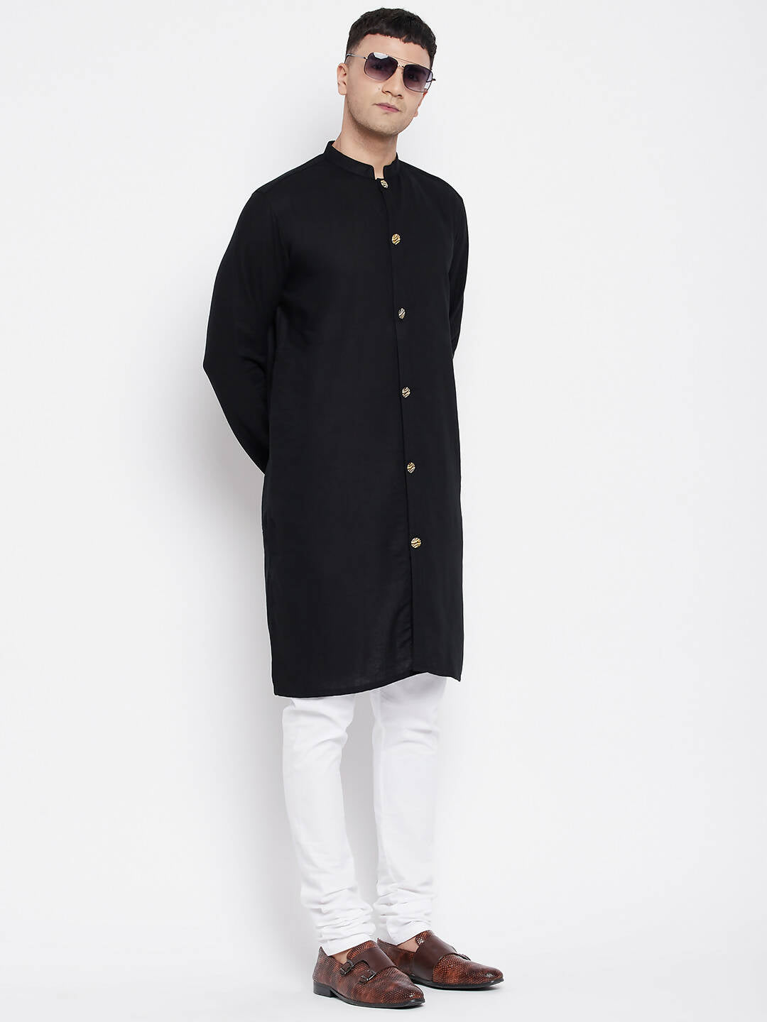 Even Apparels Black Pure Cotton Men's Sherwani Kurta With Open Front | Swadesiicart