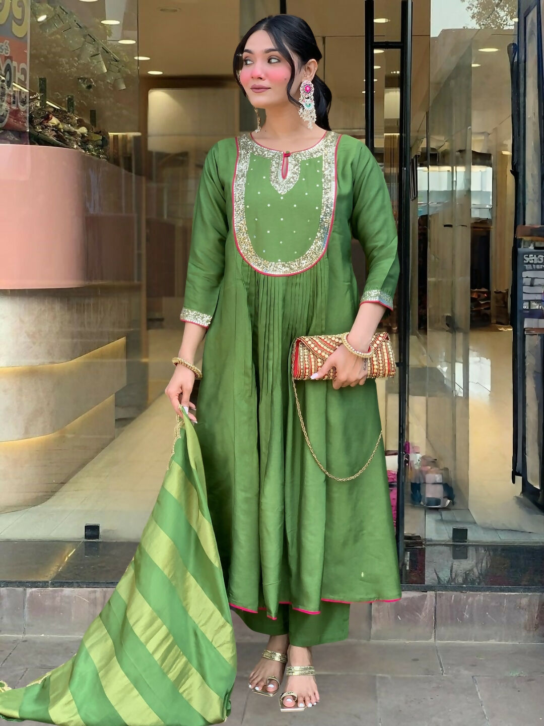 The52 Light Green Women's Gorgeous Embroidered Work Chanderi Fabric Flared Kurta Pant and Dupatta Set - Swadesiicart