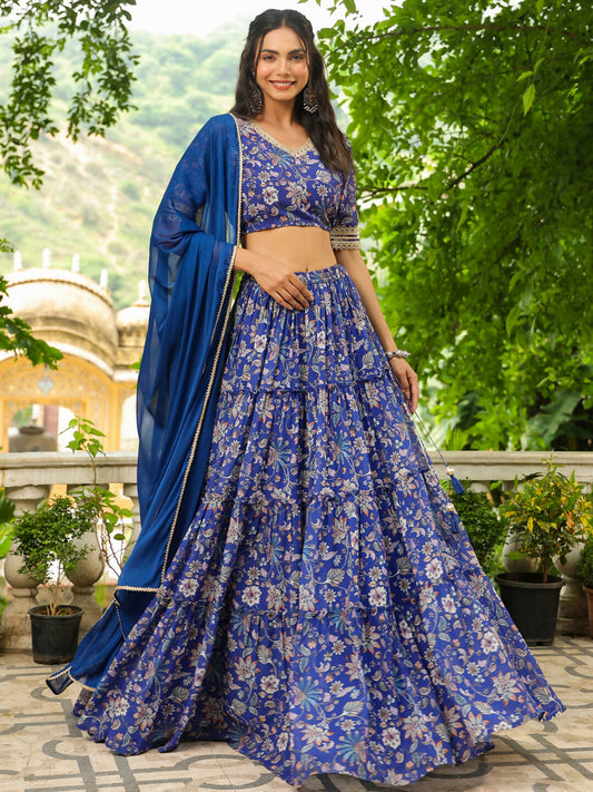 Janasya Blue Georgette Floral Lehenga Choli Dupatta | Swadesiicart