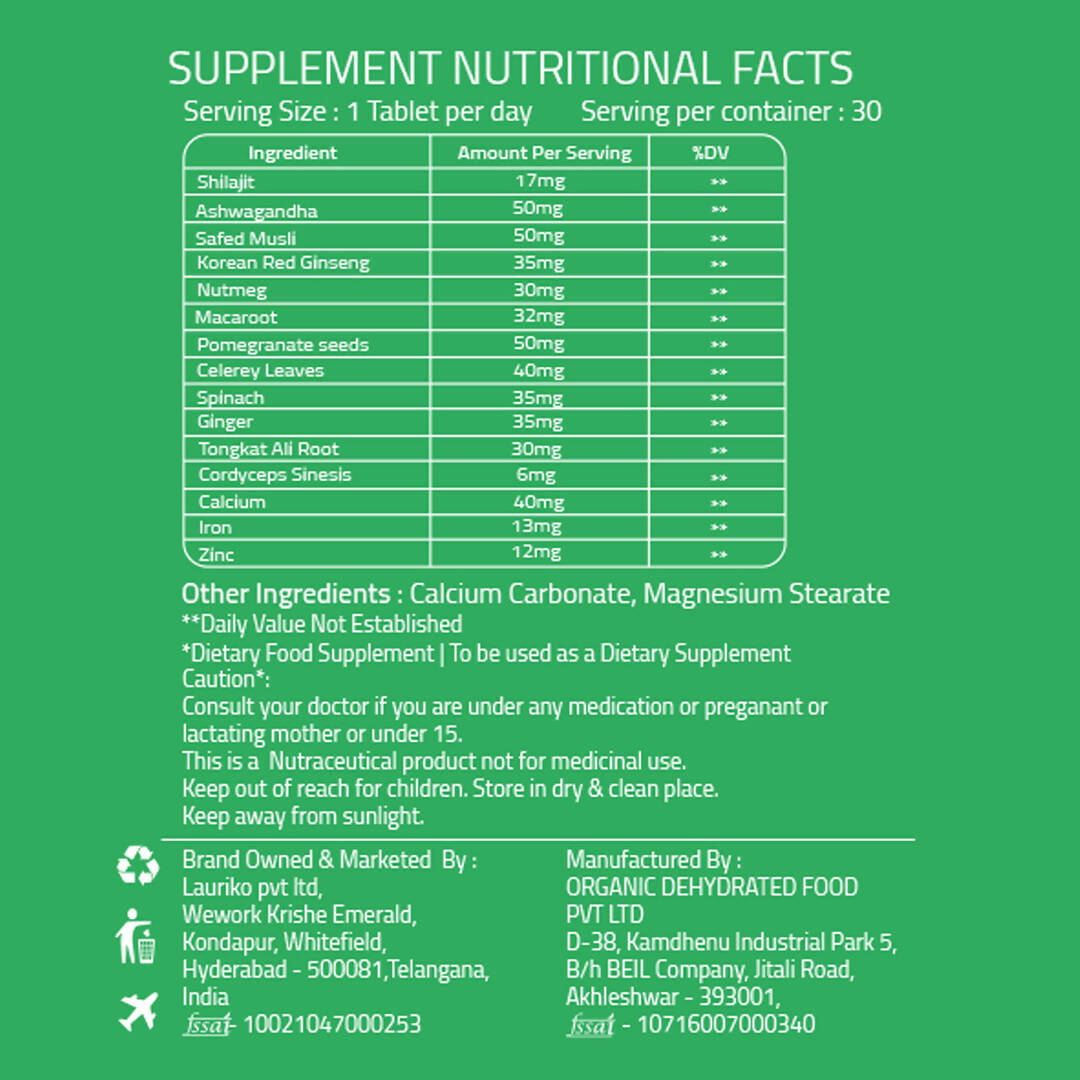 Laurik Testosterone Himalayan Sj, Ashwagandha, Safed Musli, Maca Root, And Korean Red Ginseng Tablets | Swadesiicart