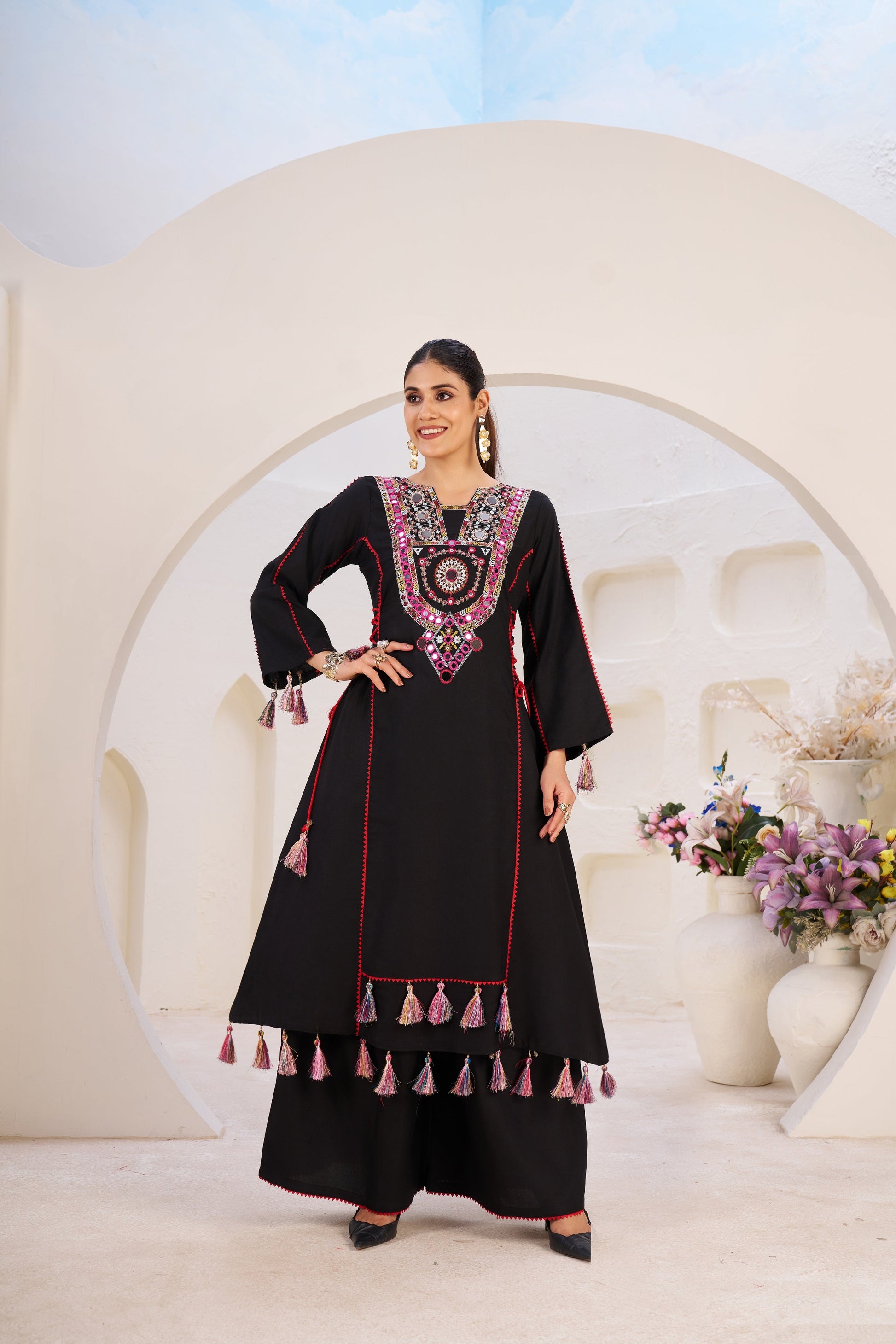 Lehenga Mart Black Reyon Designer Cord-Set Ready To Wear - Swadesiicart