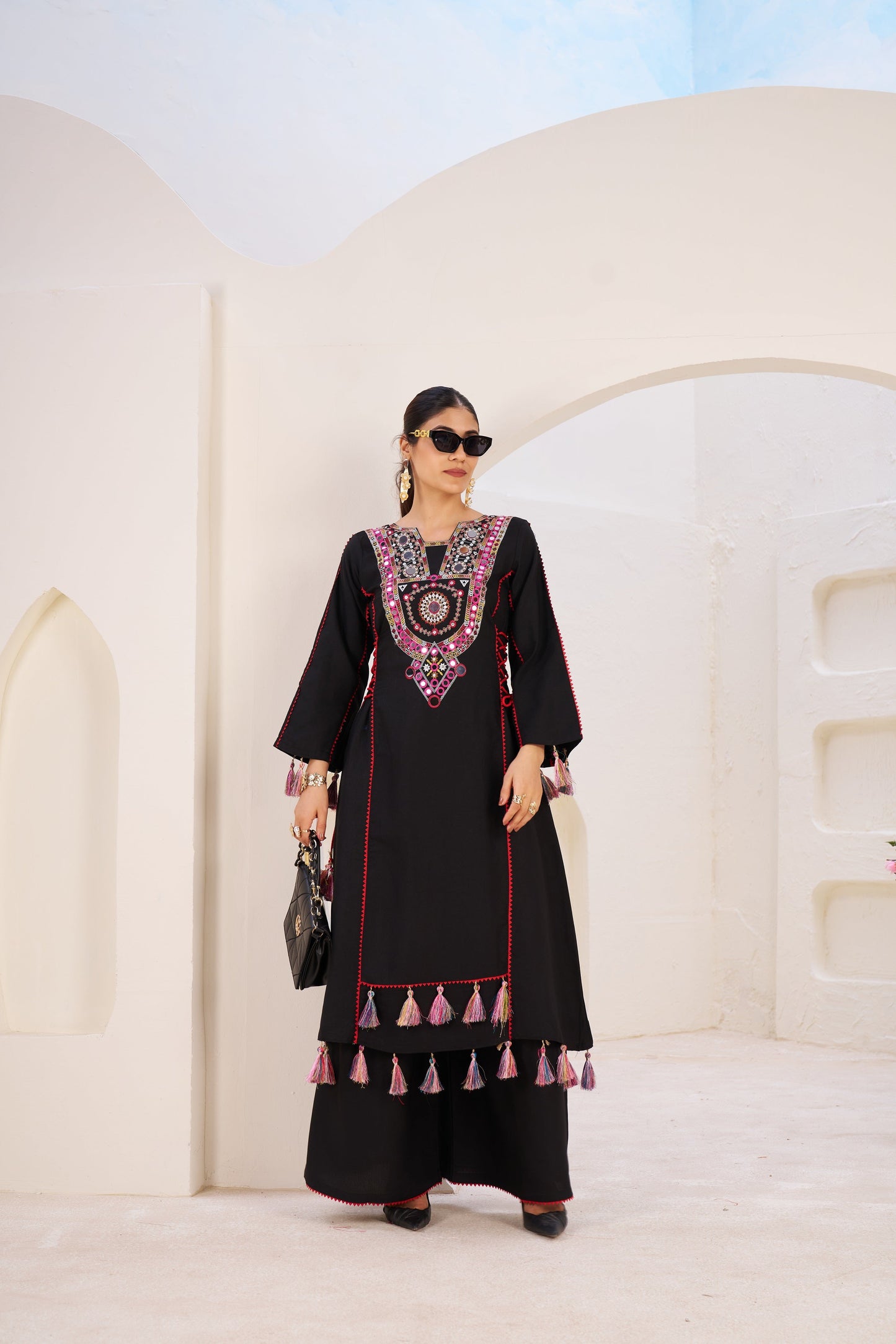 Lehenga Mart Black Reyon Designer Cord-Set Ready To Wear - Swadesiicart