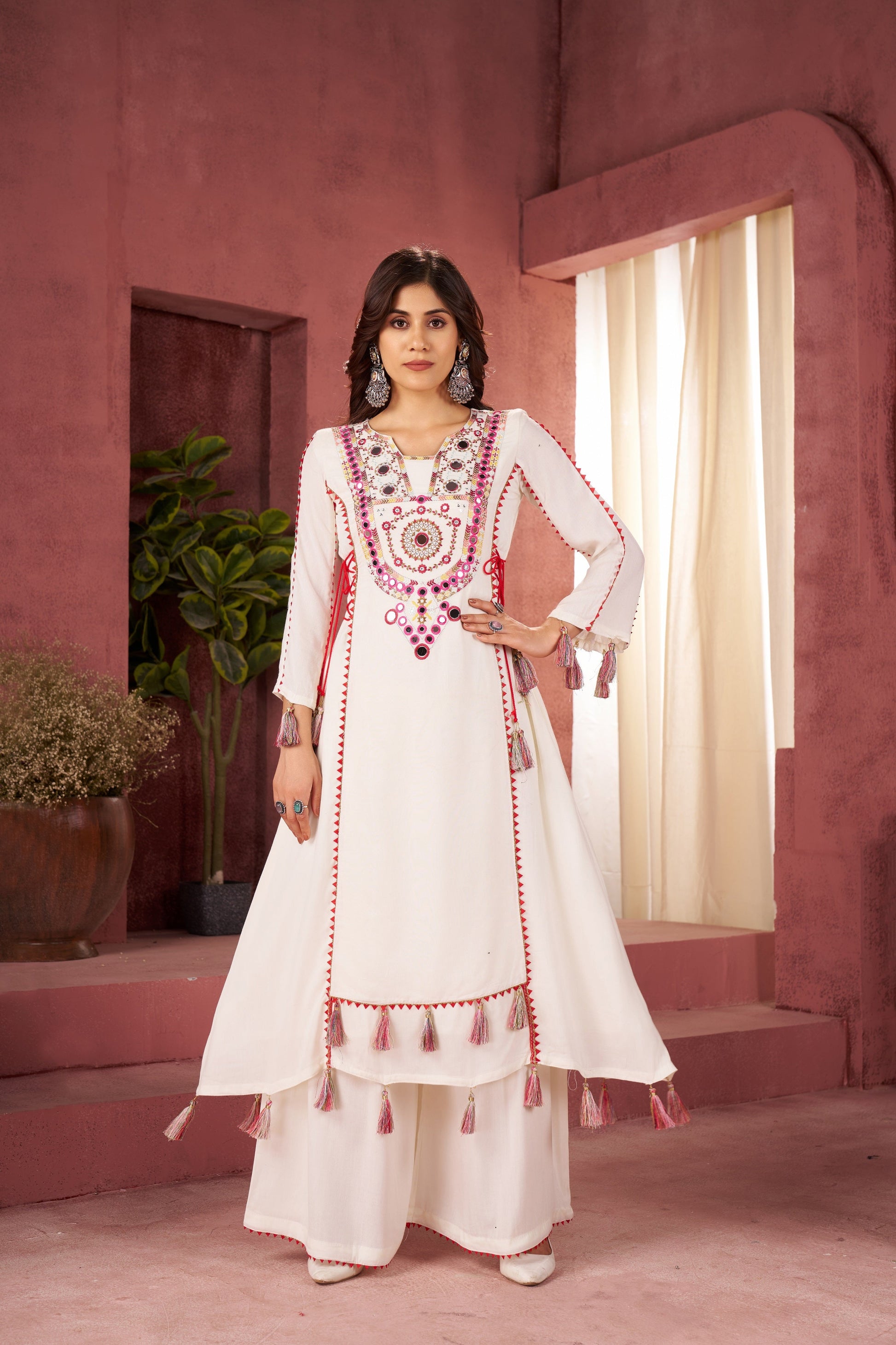 Lehenga Mart Off White Reyon Designer Cord-Set Ready To Wear - Swadesiicart