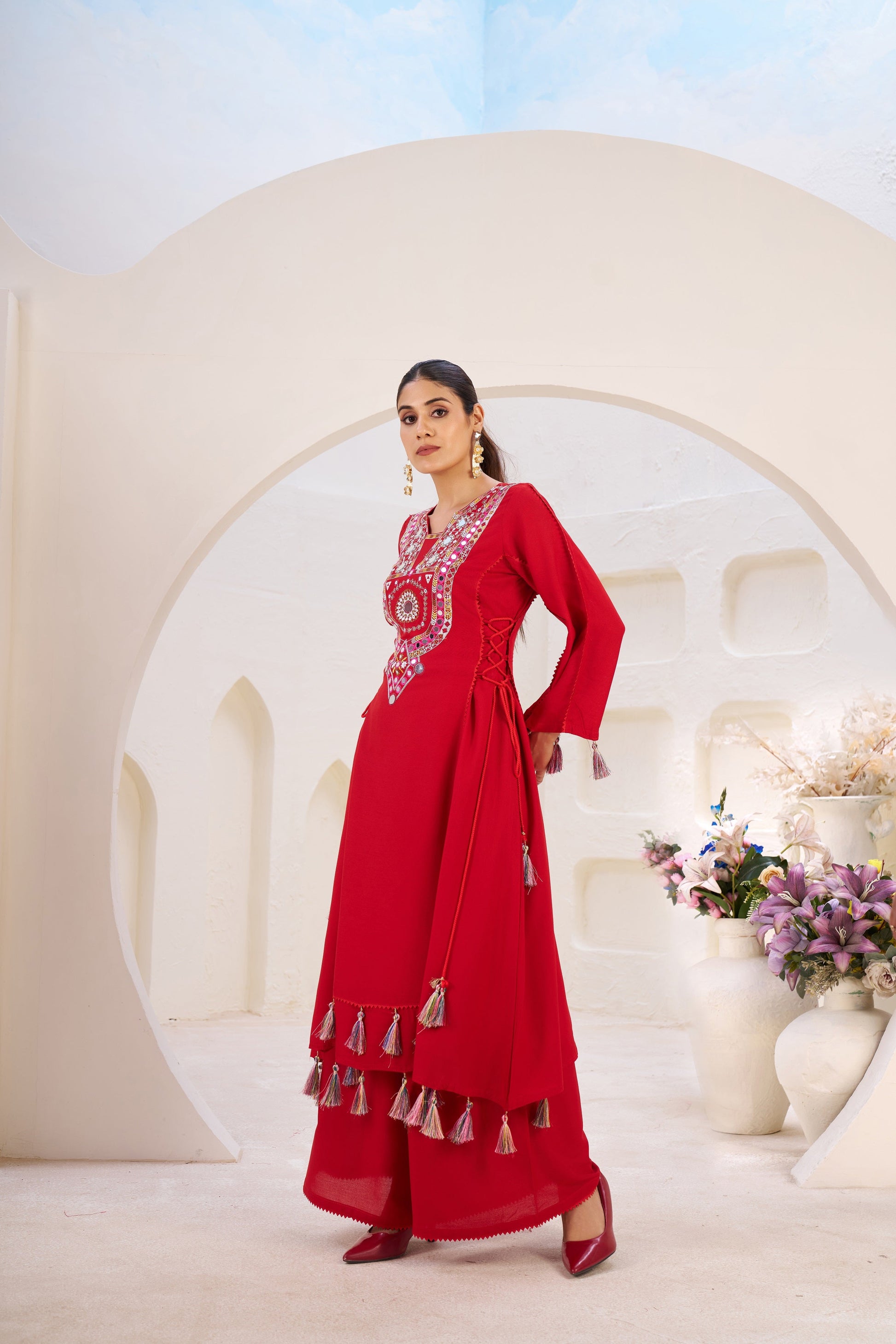 Lehenga Mart Red Reyon Designer Cord-Set Ready To Wear - Swadesiicart