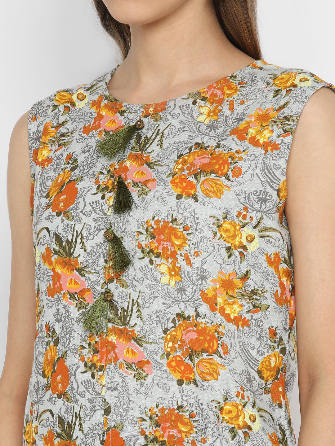 NOZ2TOZ Women's Mustard & Grey Floral Printed Kurta- (1pc set) - Swadesiicart