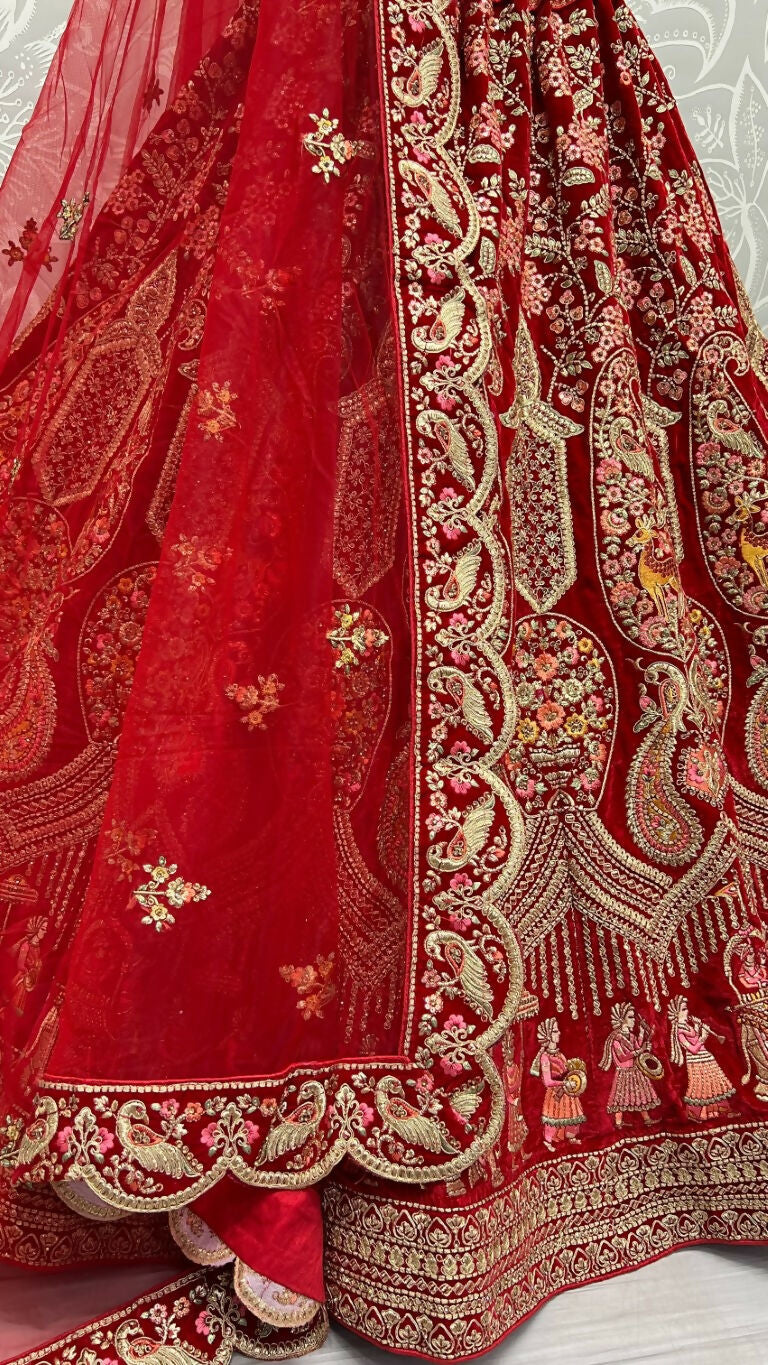 Jyoti Fashion Women's Red Velvet Multi Thread Embroidered with Zircon Diamond Work Wedding Lehenga Choli | Swadesiicart
