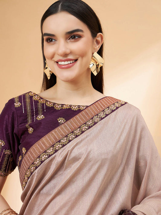 Beige, Purple Tussar Silk Zari, Thread And Cord Embroidery, Laser Cut Applique Saree - Norita Hit Design - Swadesiicart