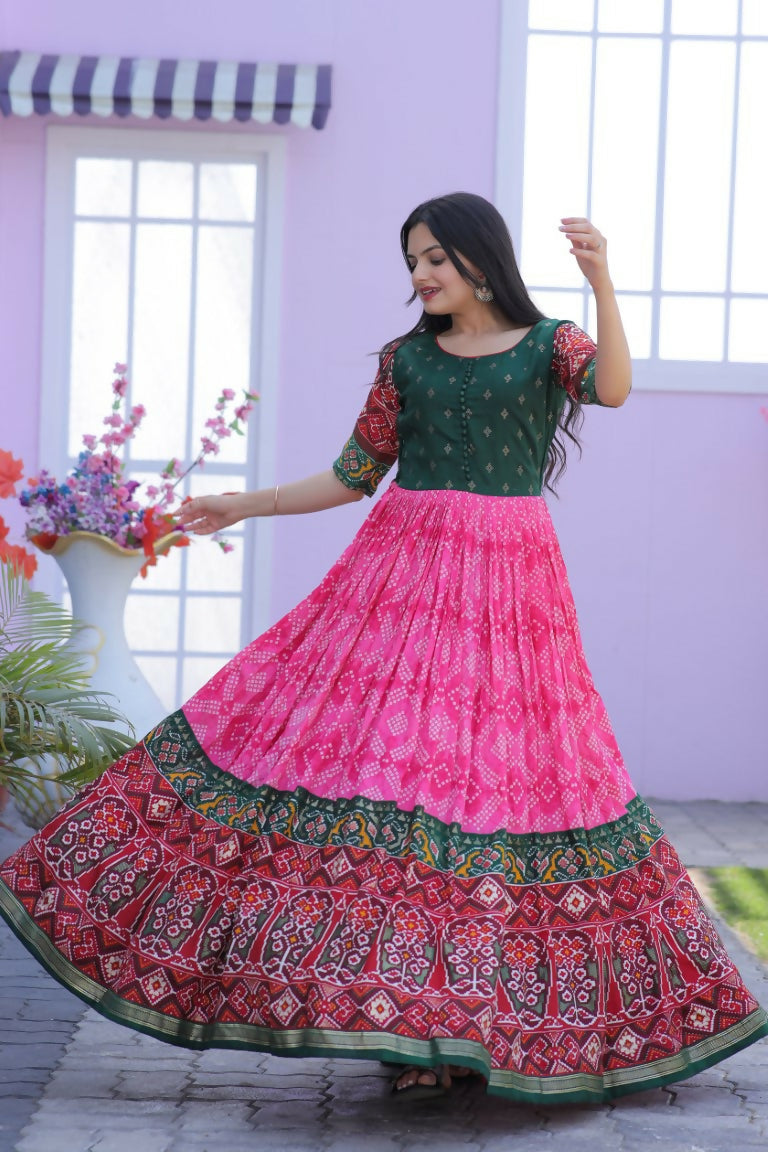 Jyoti Fashion Women's Pink Patola with Foil Print Dola Silk Anarkali Dress | Swadesiicart