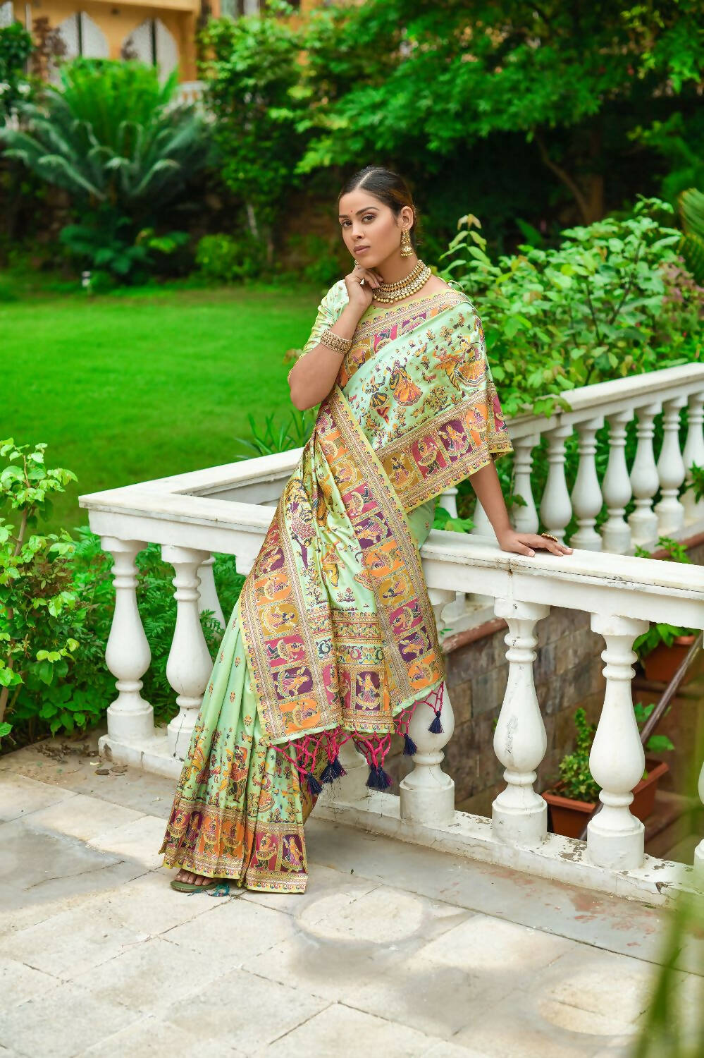 Vishnu Weaves Women's Pista Banarasi Silk Kashmiri Woven Saree with Blouse - Swadesiicart