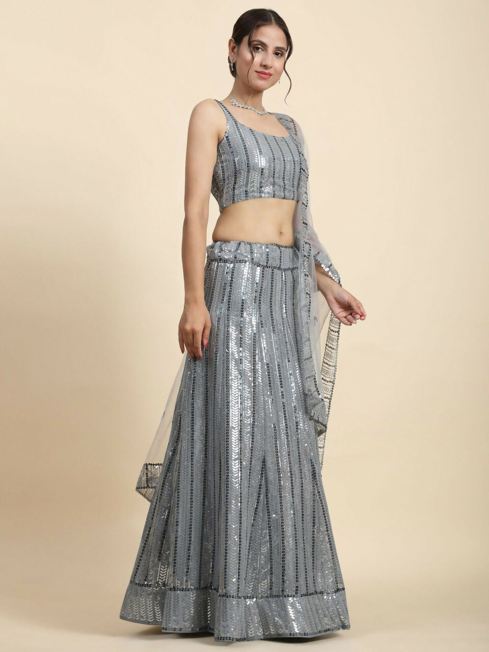 Jyoti Fashion Classy Grey Faux Georgette 3MM & 7MM Sequins Embroidery Lehenga Choli with Dupatta | Swadesiicart