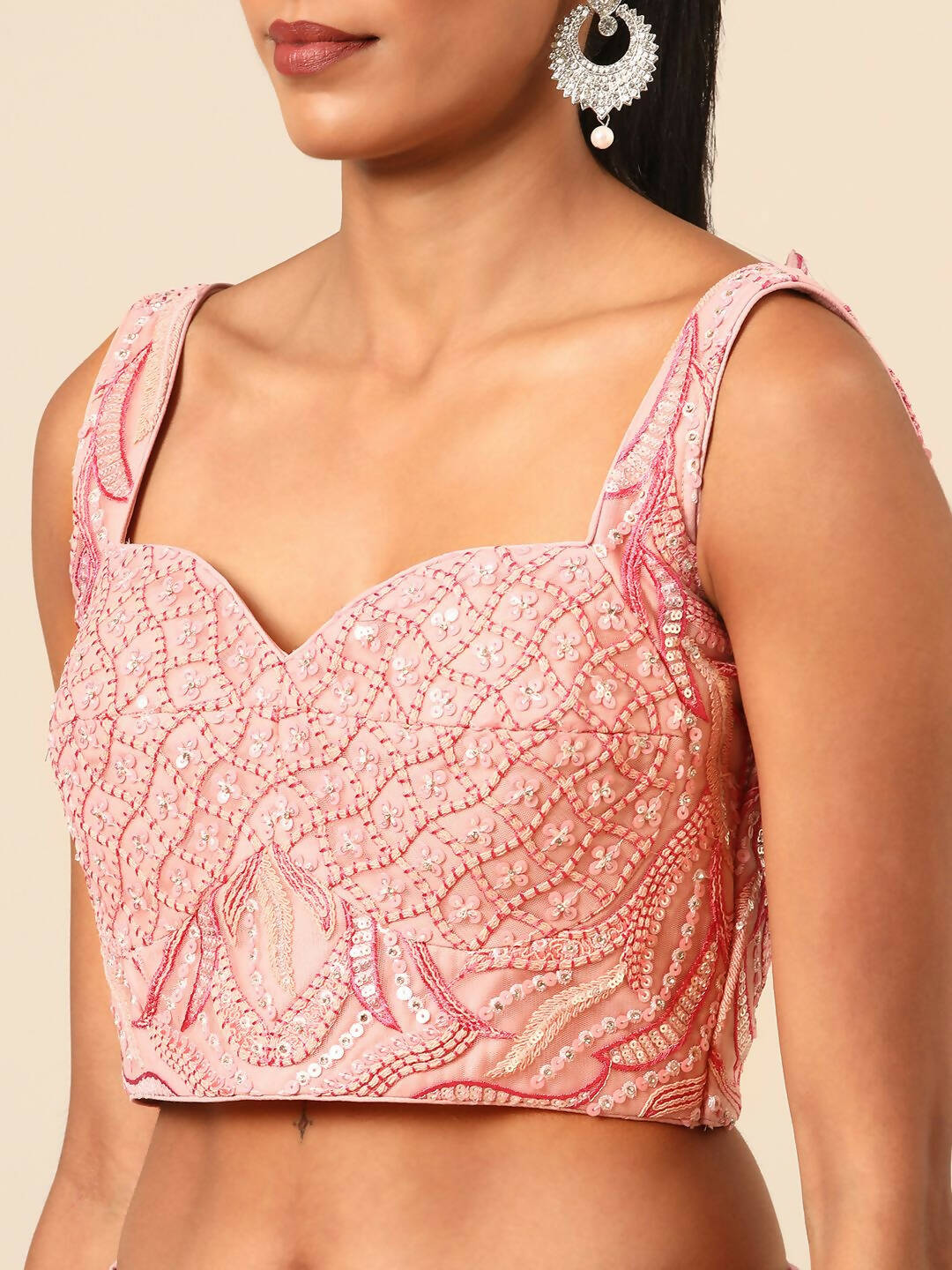 House of Panchhi Coral Pink Net Sequins and Zarkan embroidery Lehenga choli & Dupatta | Swadesiicart