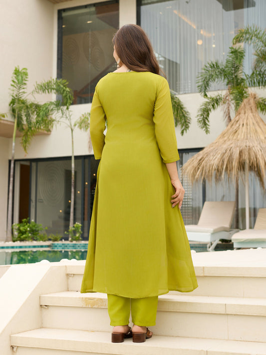 The52 Lemons Women's Gorgeous Chinon Embroidered Flared Kurta with Pant And Dupatta Set - Swadesiicart
