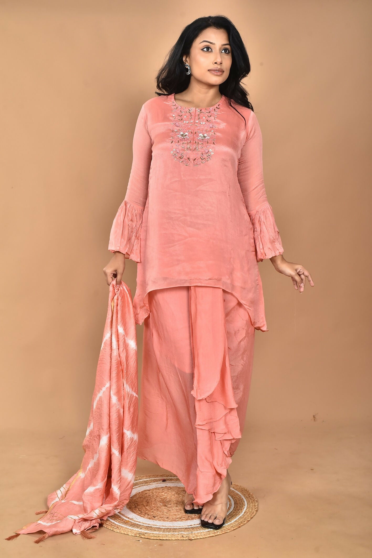 Morchari Women And Hand Embroidery Palazzo Set-Peach - Swadesiicart