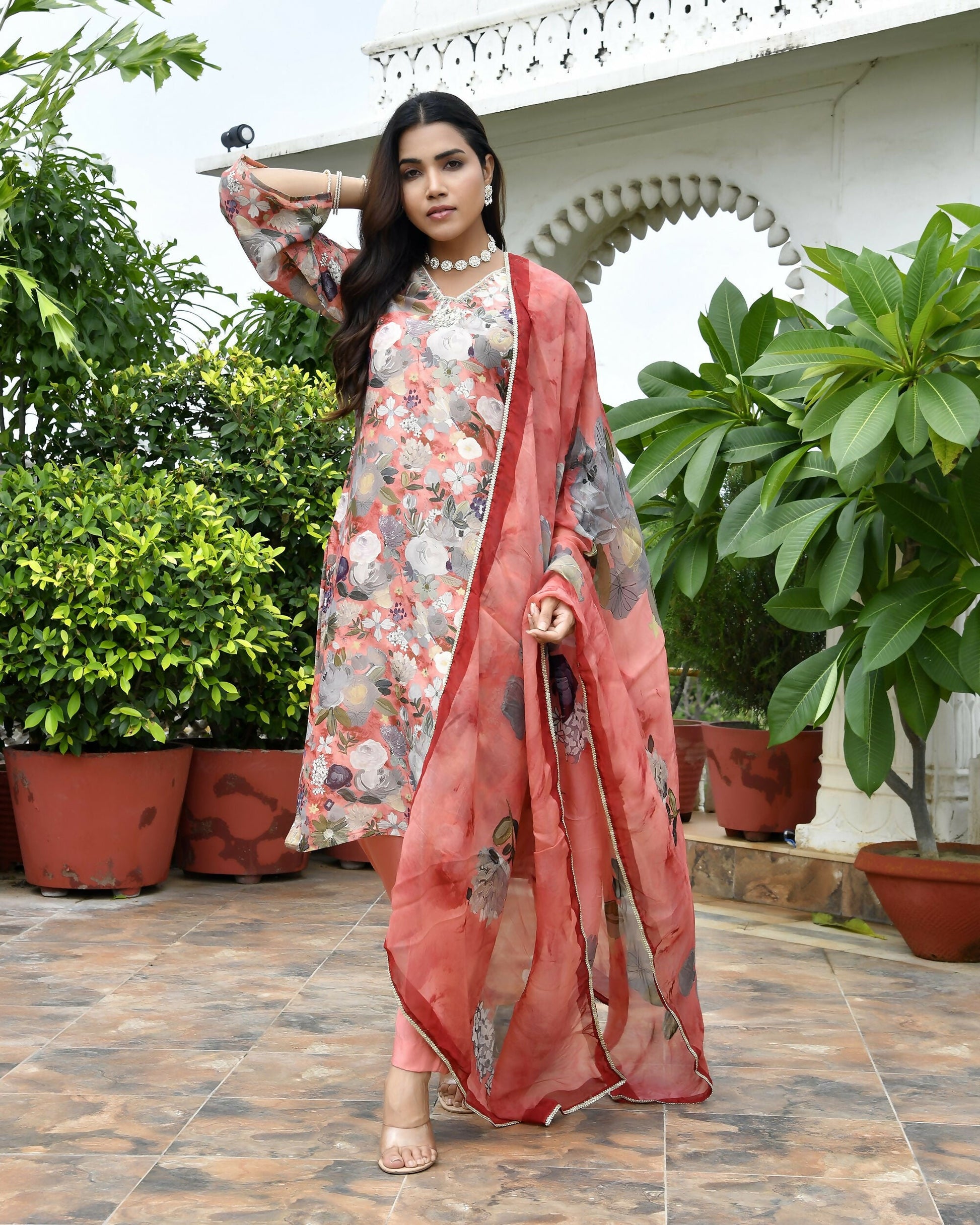 Vaasva Women's Rust Tissue Gota Embroidered Suit Set With Solid Pant And Embroidered Dupatta | Swadesiicart