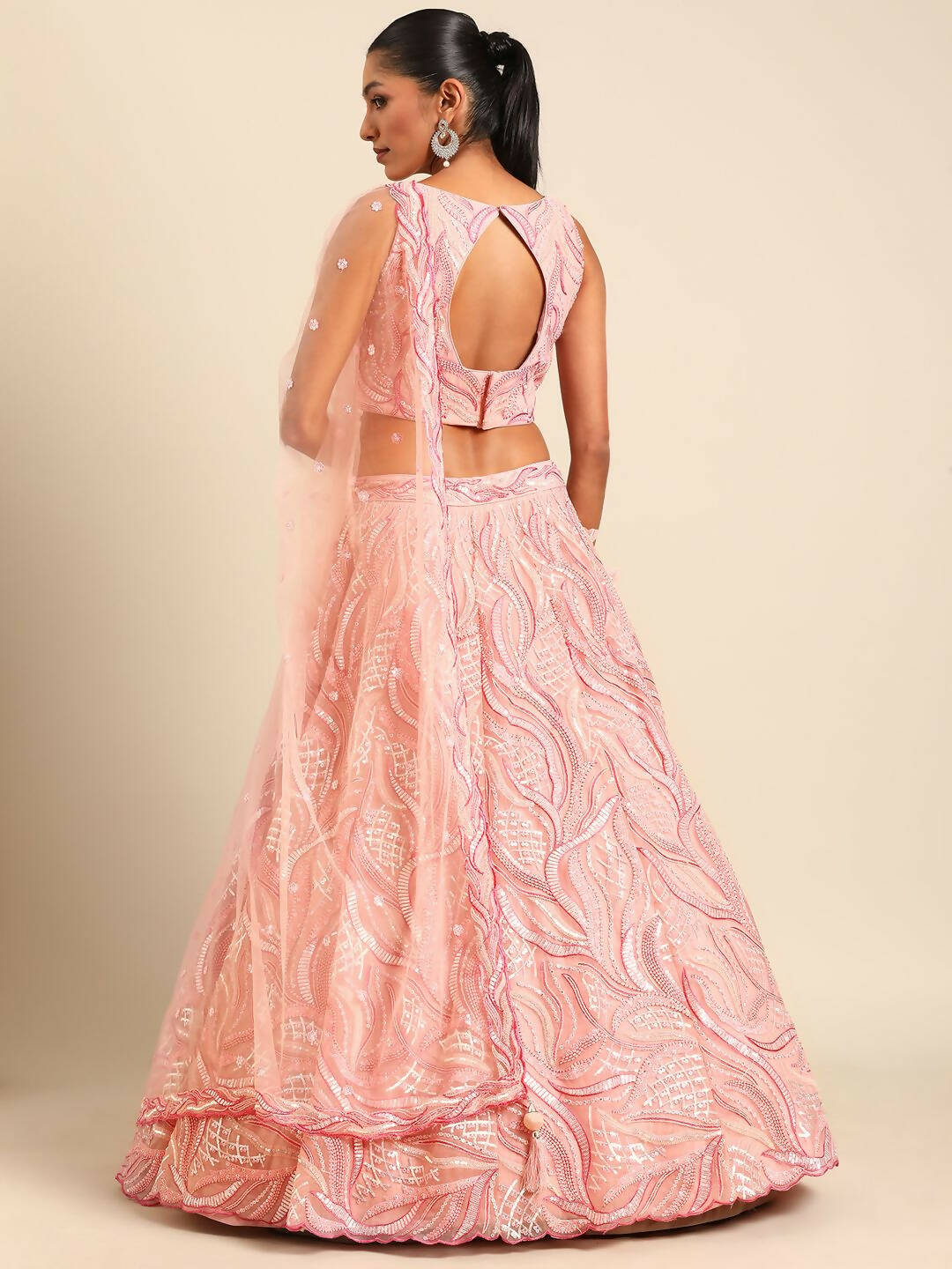 House of Panchhi Coral Pink Net Sequins and Zarkan embroidery Lehenga choli & Dupatta | Swadesiicart