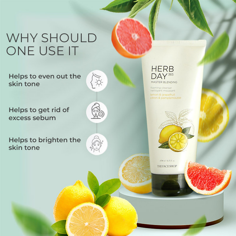 The Face Shop Herb Day 365 Master Blending Foaming Cleanser- Lemon & Grapefruit - Korean Skincare | Swadesiicart